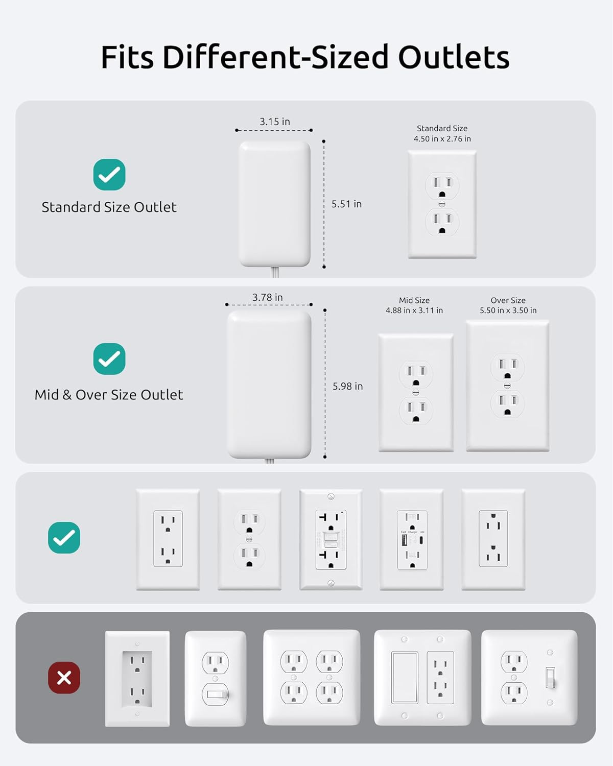 3Ft Flat Extension Cord with 3 Outlets, Flat Wall Plug & Flush Outlet Cover, 900