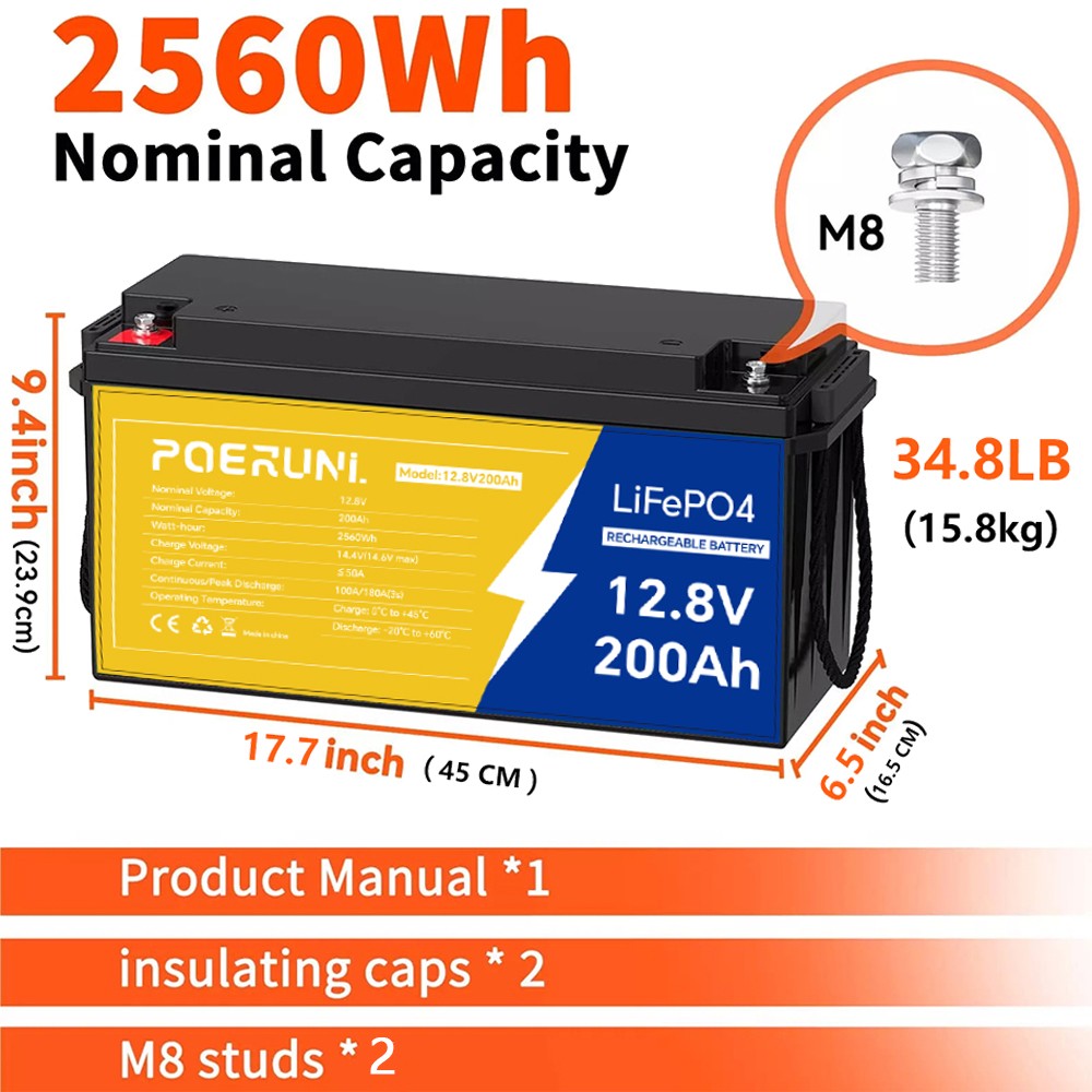 12V 200Ah LiFePO4 Lithium Battery Built-in BMS Deep Cycle whit 14.6V 20A Charger