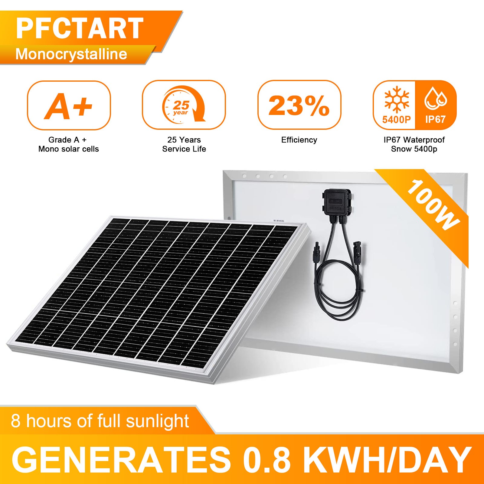 PFCTART 12Volt 100W Solar Panel Monocrystalline PV Module for RV Camping Caravan
