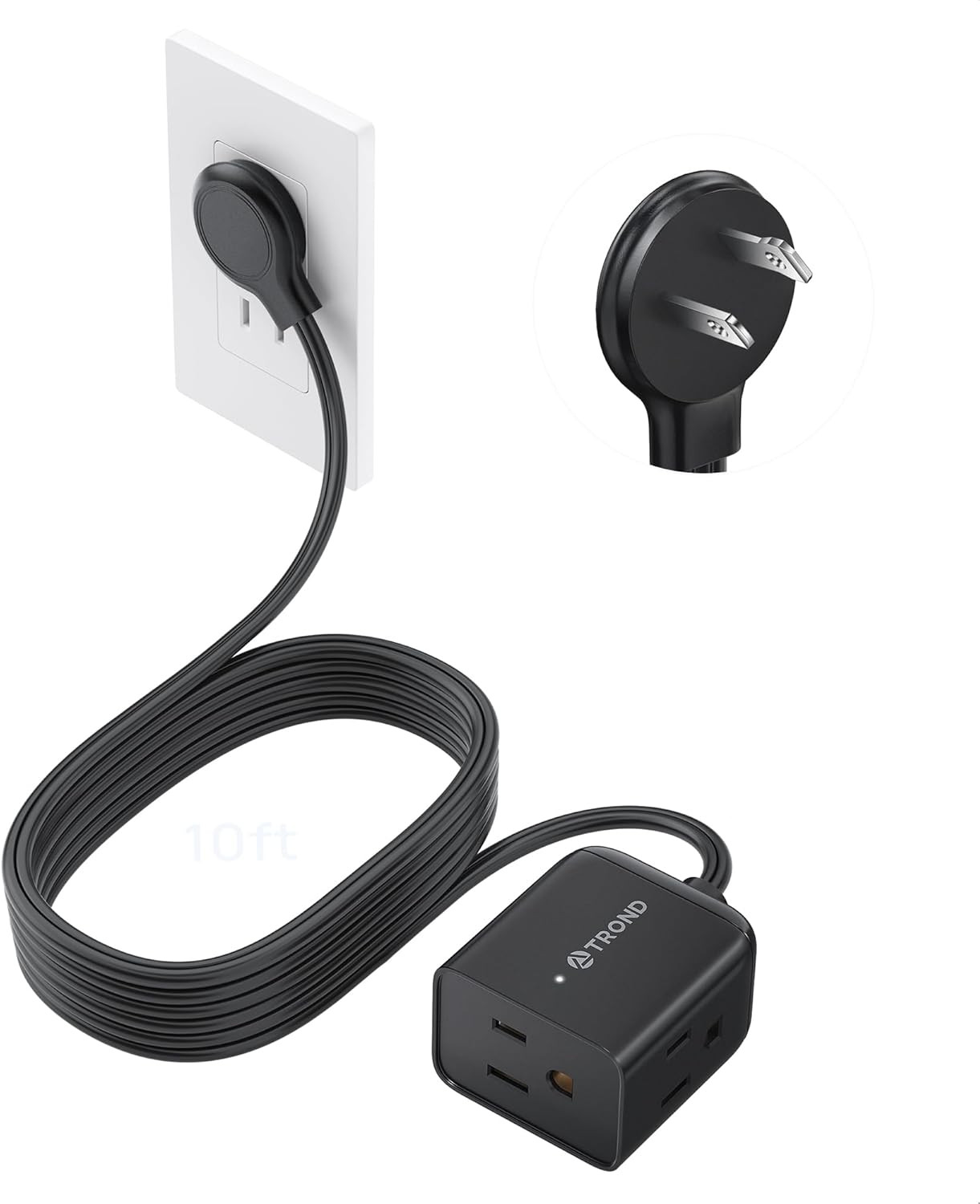 2 Prong to 3 Prong Extension Cord 10Ft, Polarized Flat Plug, 3 AC | Low Profile