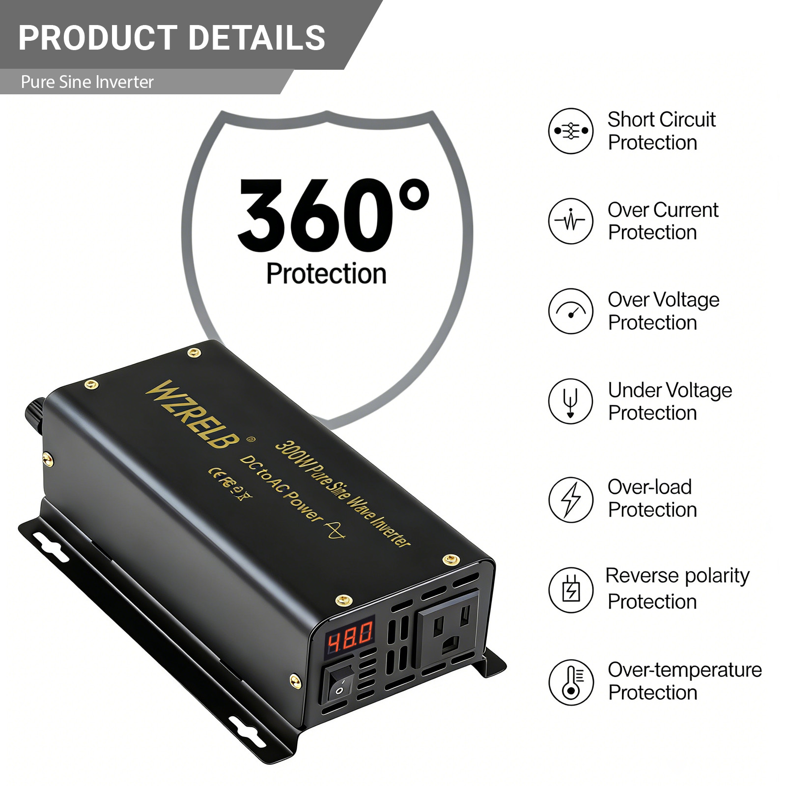 300W Pure Sine Wave Power Inverter 48V to 110V/120V DC to AC 60HZ LCD camp rv