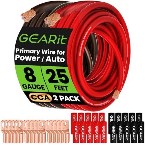 8 Gauge Amp Wiring kit Black/Red 25ft Each + Lugz + Shrink Wrap 8 Gauge Wire