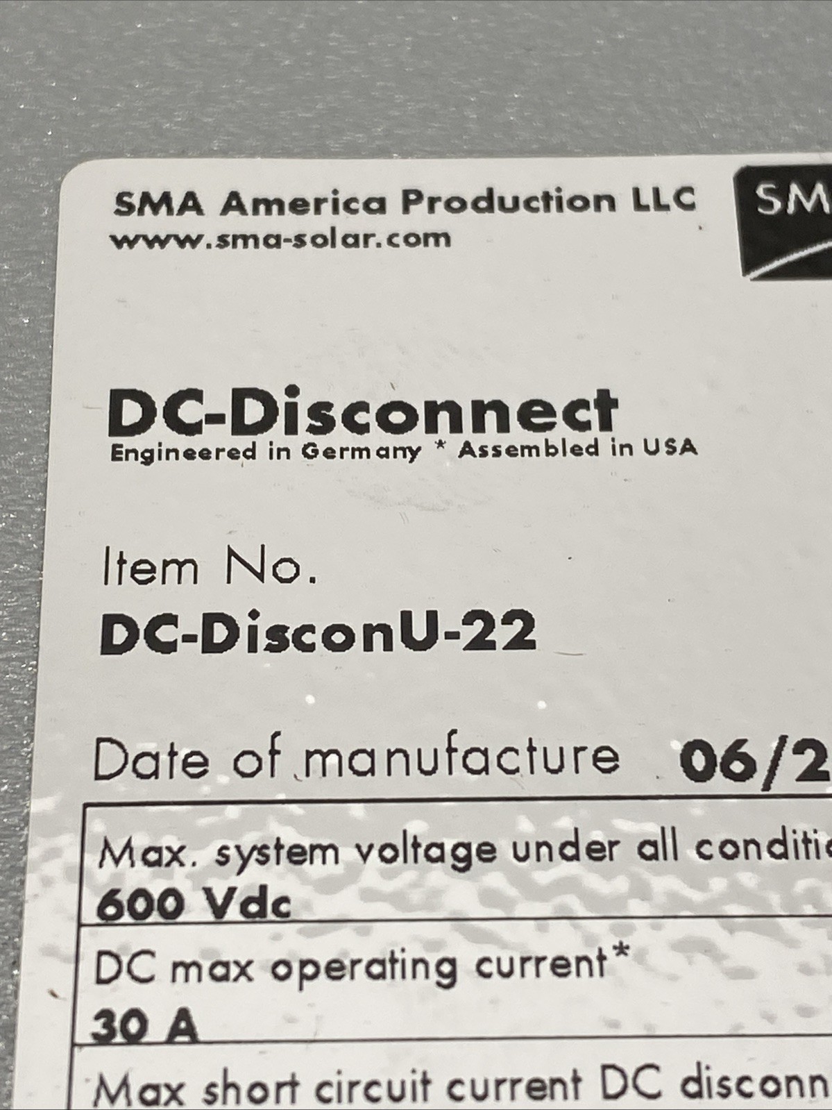 NEW SMA DC Disconnect Switch DC-DISCON-U-22 600Vdc, 30A