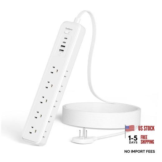 Power Strip Surge Protector,15 Outlets 4 USB 2 USB-C,10Ft Flat Plug,White 10 FT