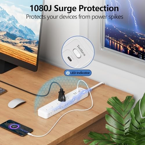Power Strip Surge Protector,15 Outlets 4 USB 2 USB-C,10Ft Flat Plug,White 10 FT