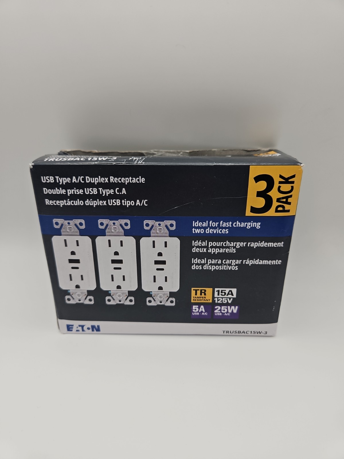 Eaton USB A/C Charger With Duplex Receptacle TRUSBAC15W-3-LW 3-Pack New G1