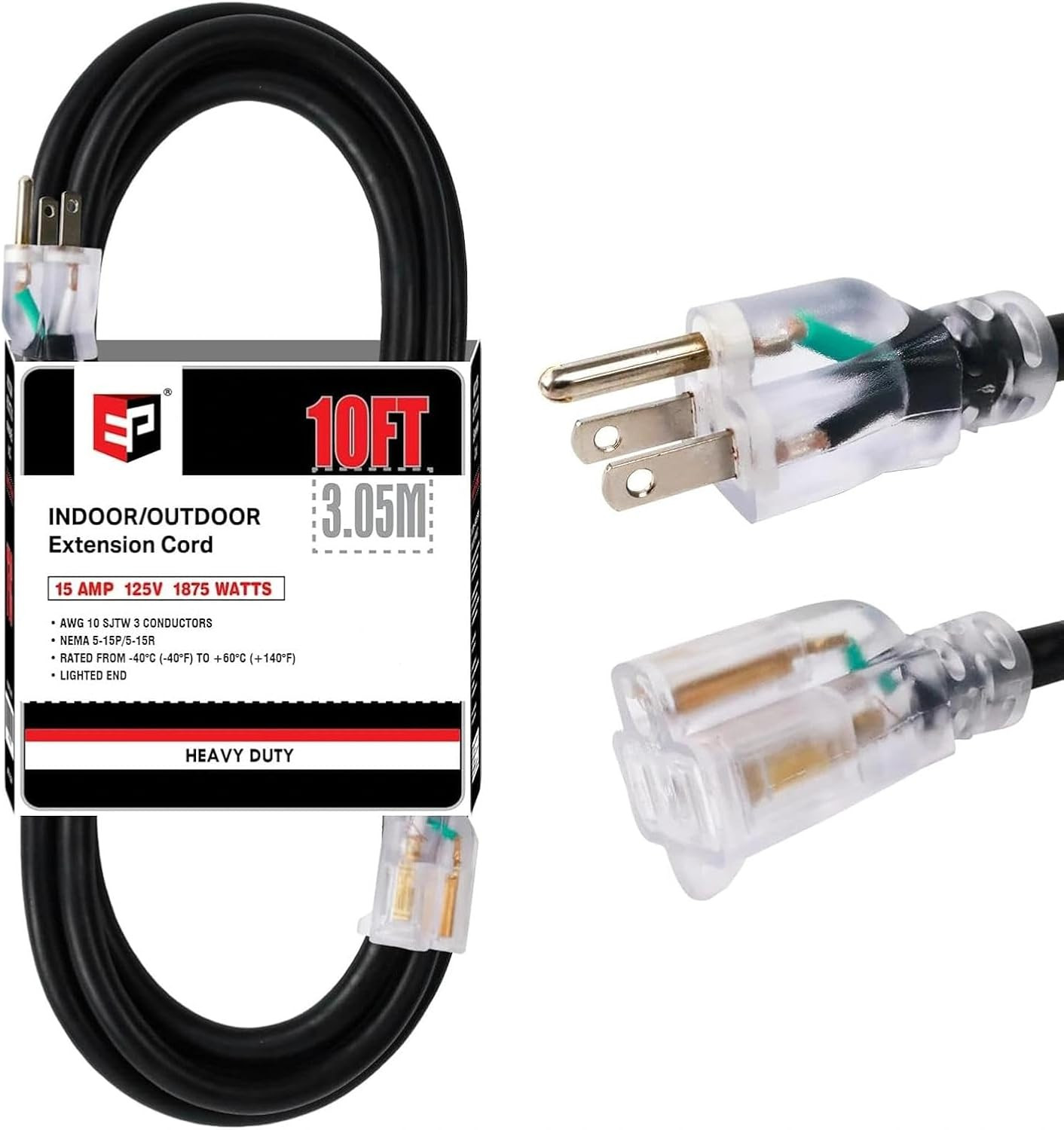30 Ft 10/3 SJTW Lighted Outdoor Extension Cord, Black | 10 Gauge Heavy Duty Exte