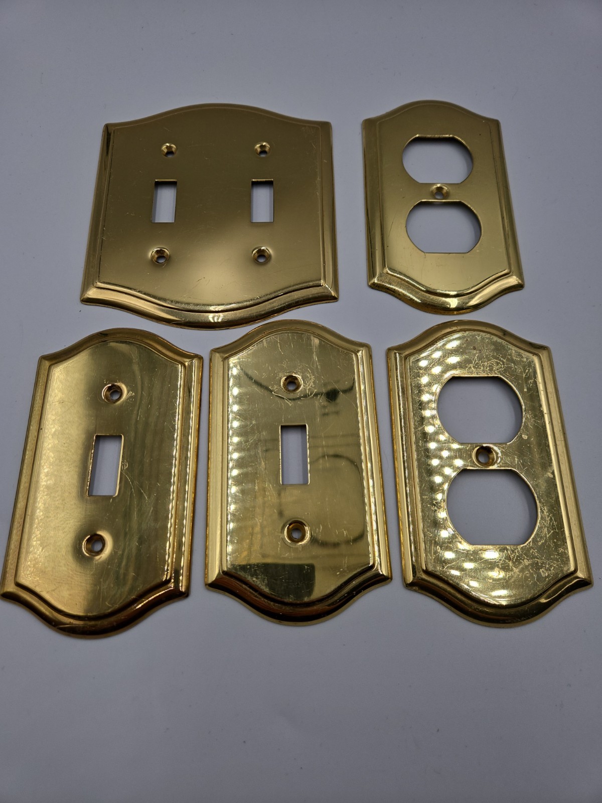 Vtg 5 Piece Gold Solid Brass Wall Switch Outlet Plate Covers MCM Art Deco