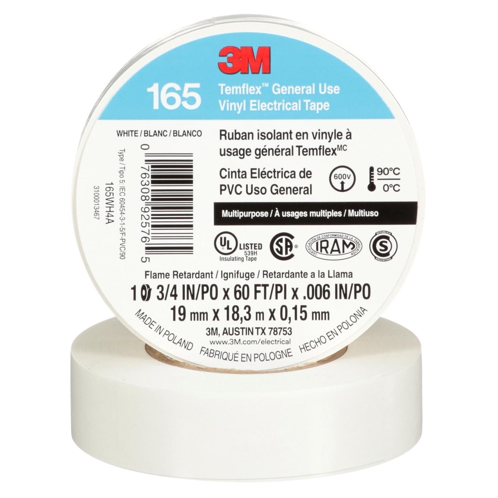 3M Temflex Vinyl Electrical Tape 165, White, 3/4 in x 60 ft (19 mm x 18 m)