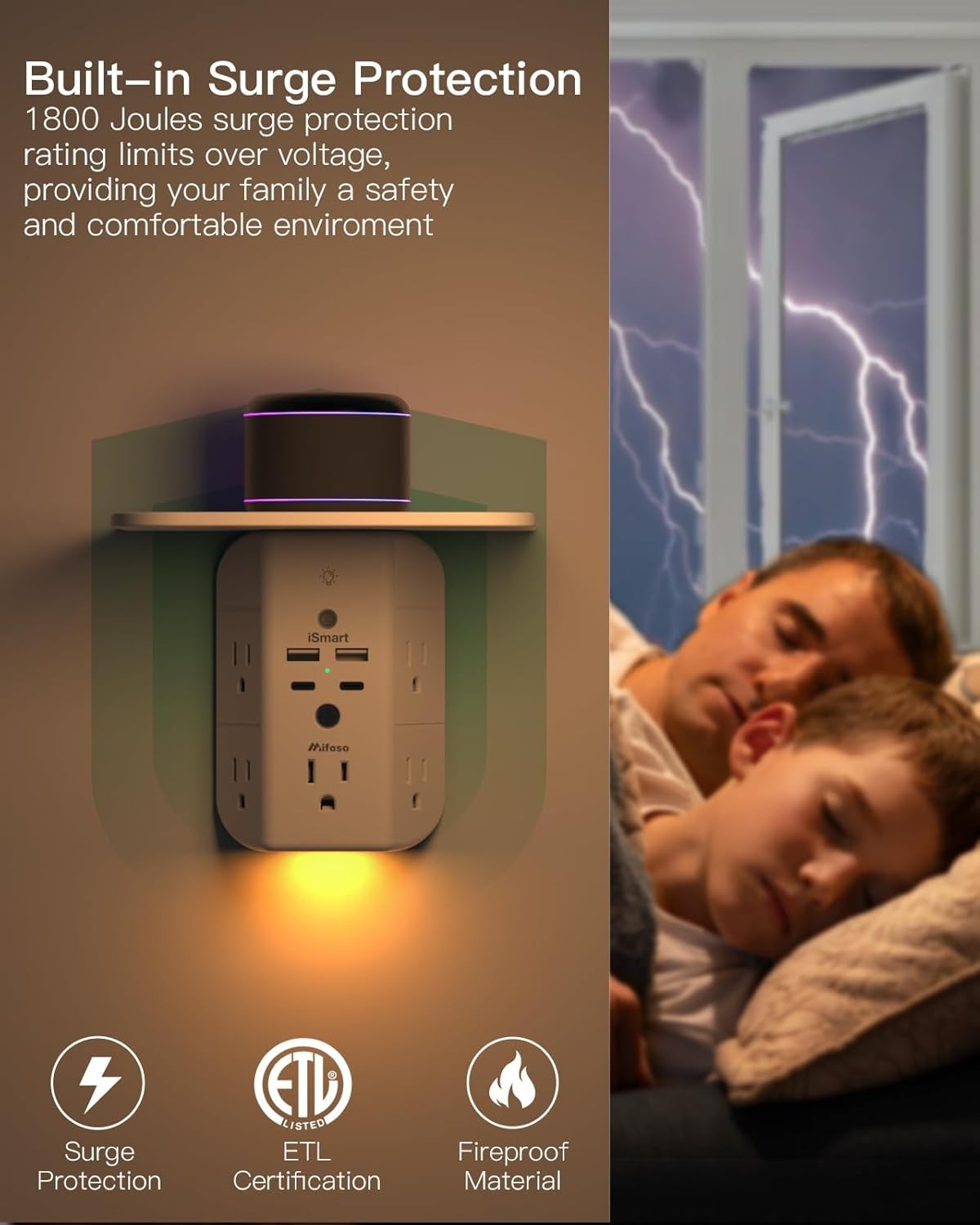 Surge Protector Outlet Extender with 5 AC & 4 USB Ports – Space-Saving Design