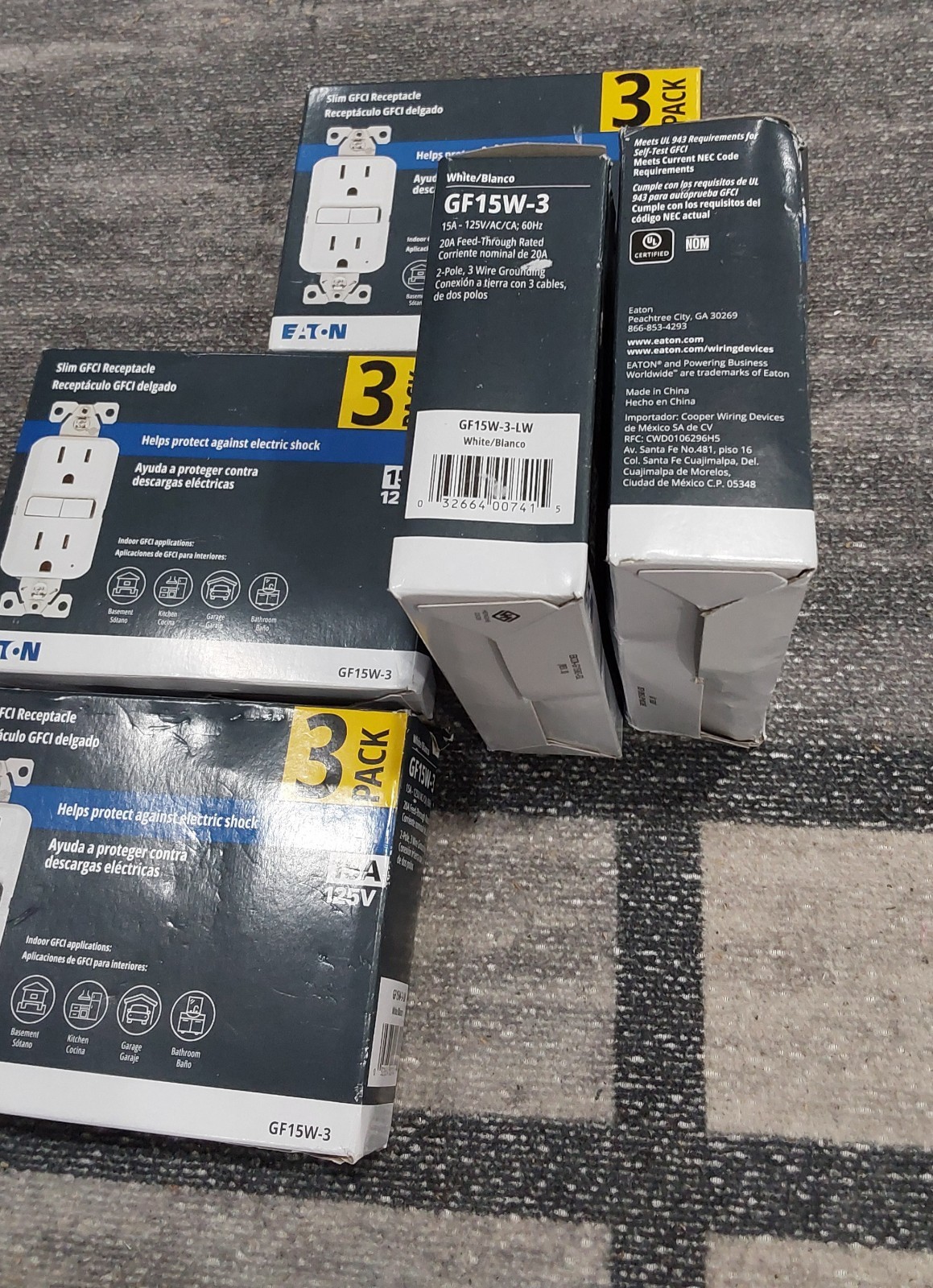 Eaton (GF15W-3) 15A 125V GFCI Receptacle LOT OF 5 White, 3-Pack NEW i1***