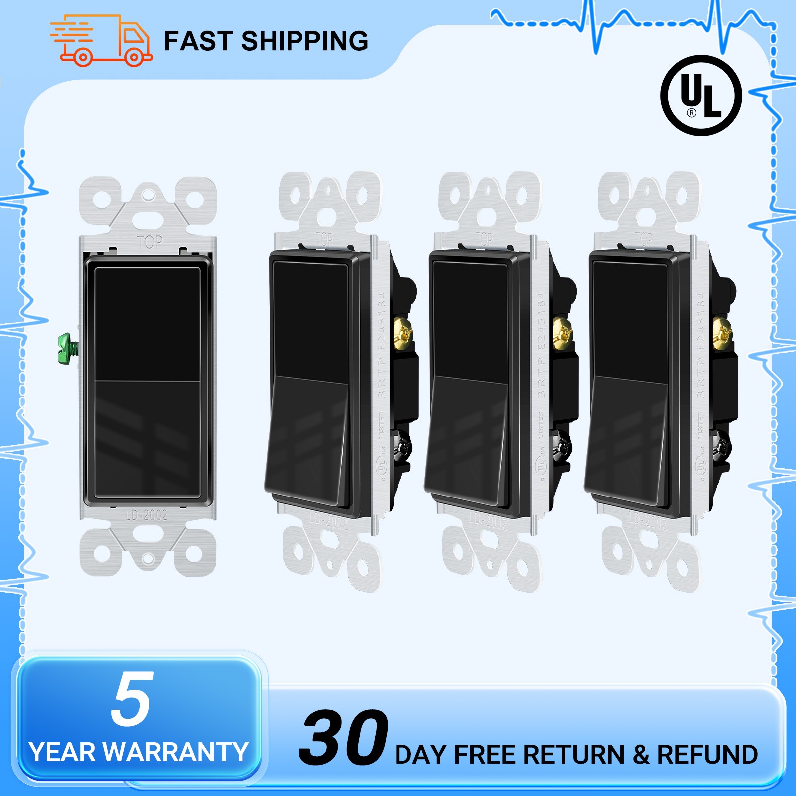 Black Single Pole Rocker Light Switch 15A 120/277V Durable UL/CUL Listed 4 PCS