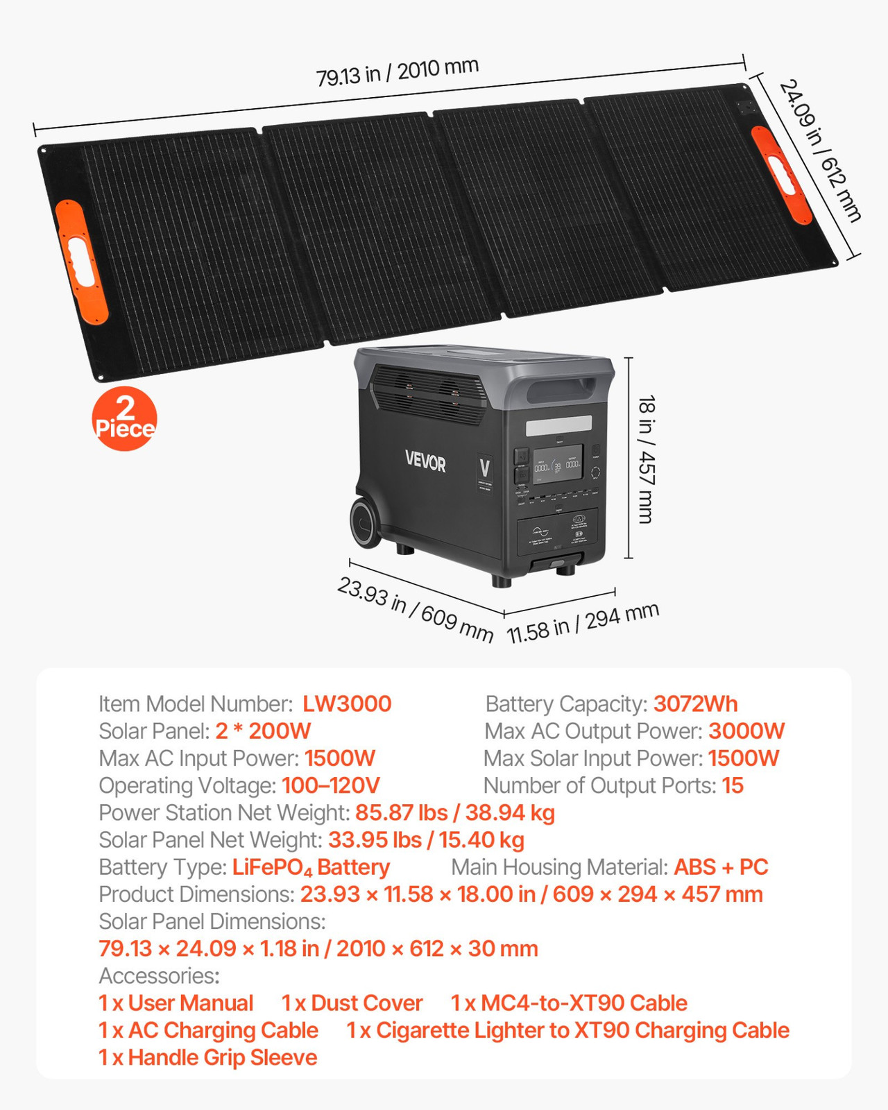 3000W Portable Power Station 3072Wh LiFePO4 + 2x200W Solar Panels