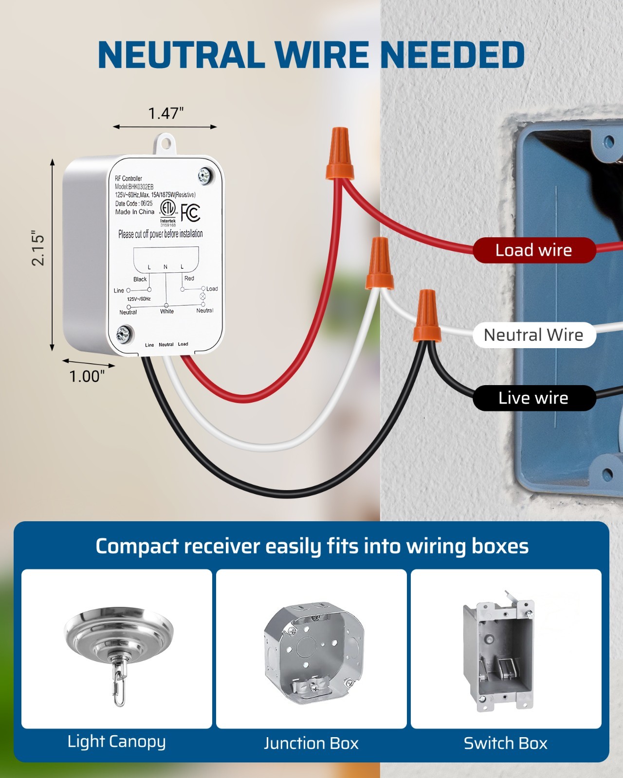 DEWENWILS Wireless Light Switch Kit, No Wiring Needed, 100FT RF Range, 15A/1800W