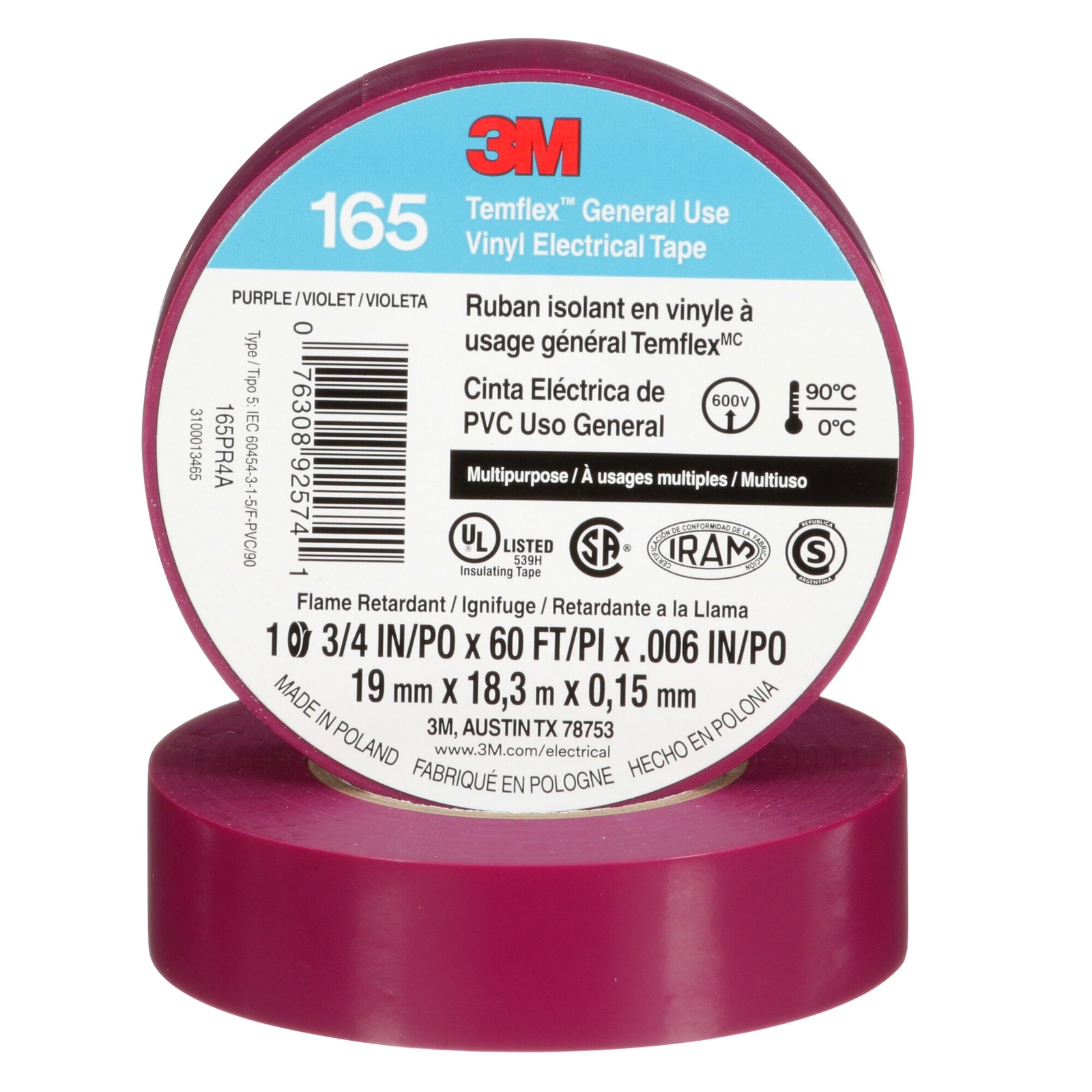 3M Temflex Vinyl Electrical Tape 165, Purple, 3/4 in x 60 ft (19 mm x 18 m)