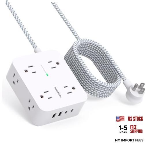 Surge Protector Power Strip, 10 Ft Braided Extension Cord, 1080J | 10ft White