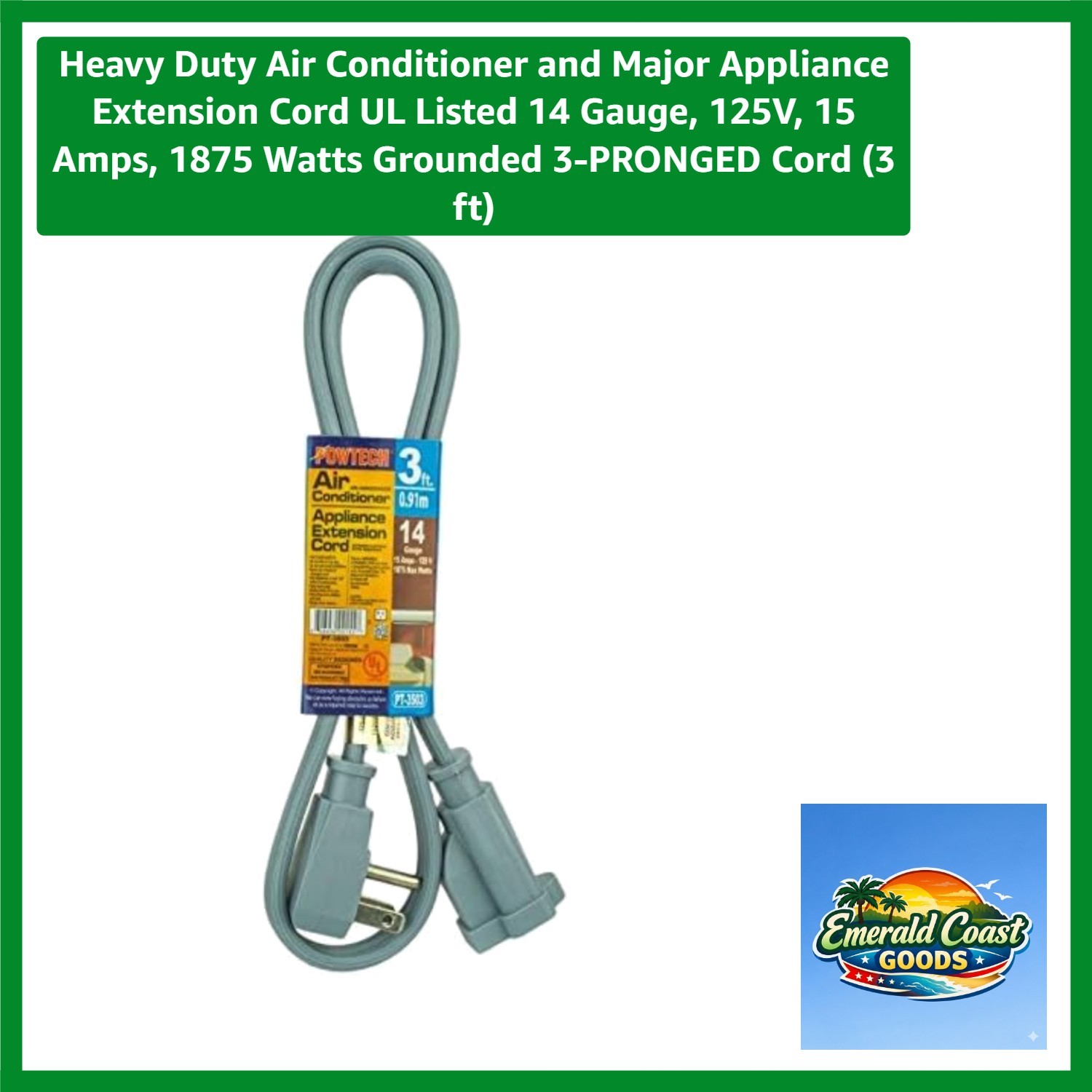 3 Ft Heavy Duty Extension Cord, Listed – 125V, 15 Amps for Major Appliances