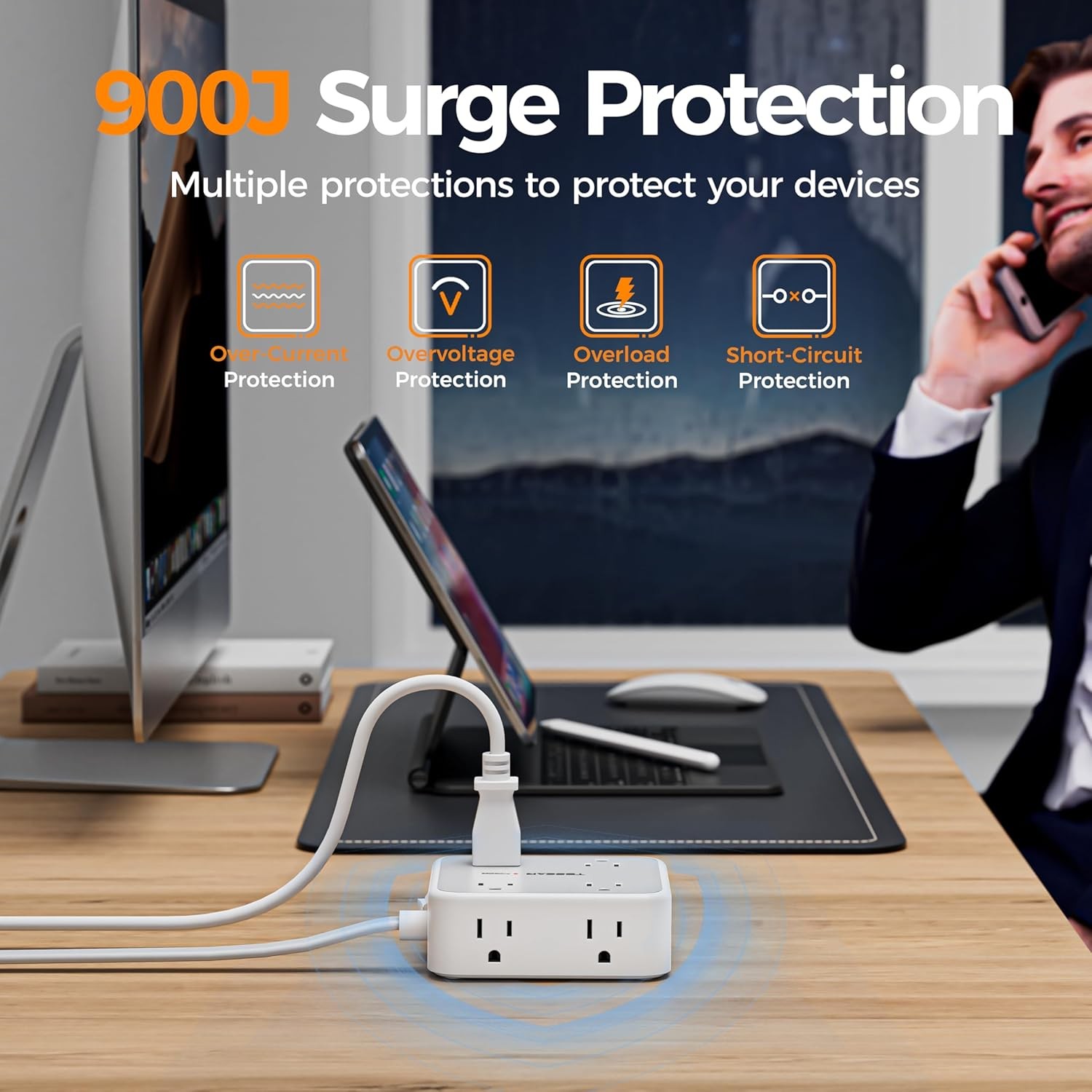 5 Ft Grey Surge Protector with 3 USB Power Strip Extension Cord 5ft USB Power