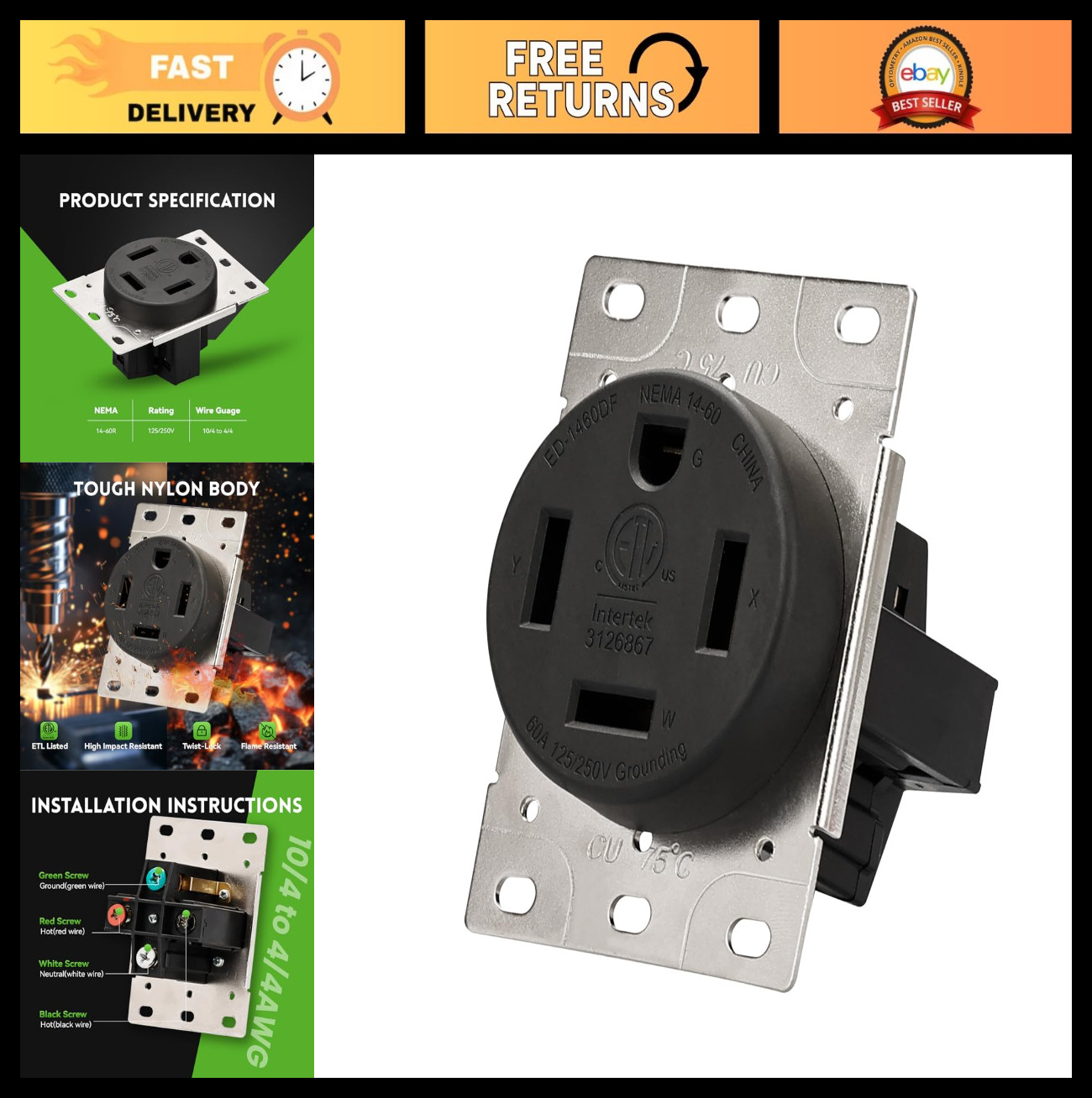 60 Amp NEMA 14-60R Flush Mount Receptacle Outlet, Industrial Grade, ETL Listed,
