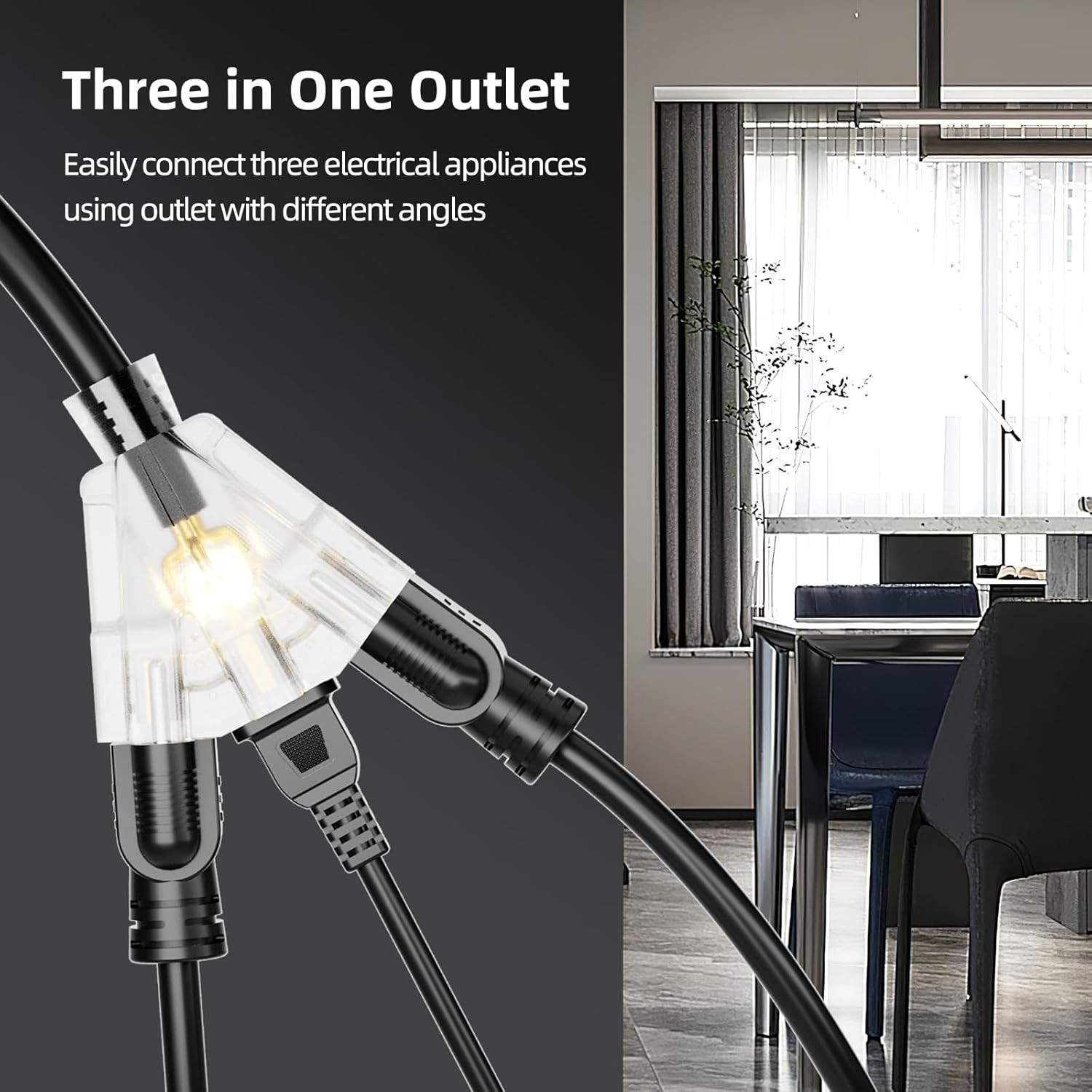 50Ft Outdoor Extension Cord w 3 Outlets, 12GA, 15A, 125V, 1875W for Home, Garden