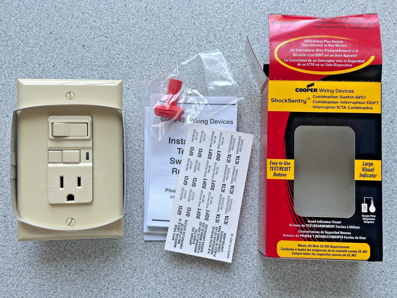 NEW Cooper VGFS15V-M-L Combination Switch with GFCI Outlet & Wallplate 15A Ivory