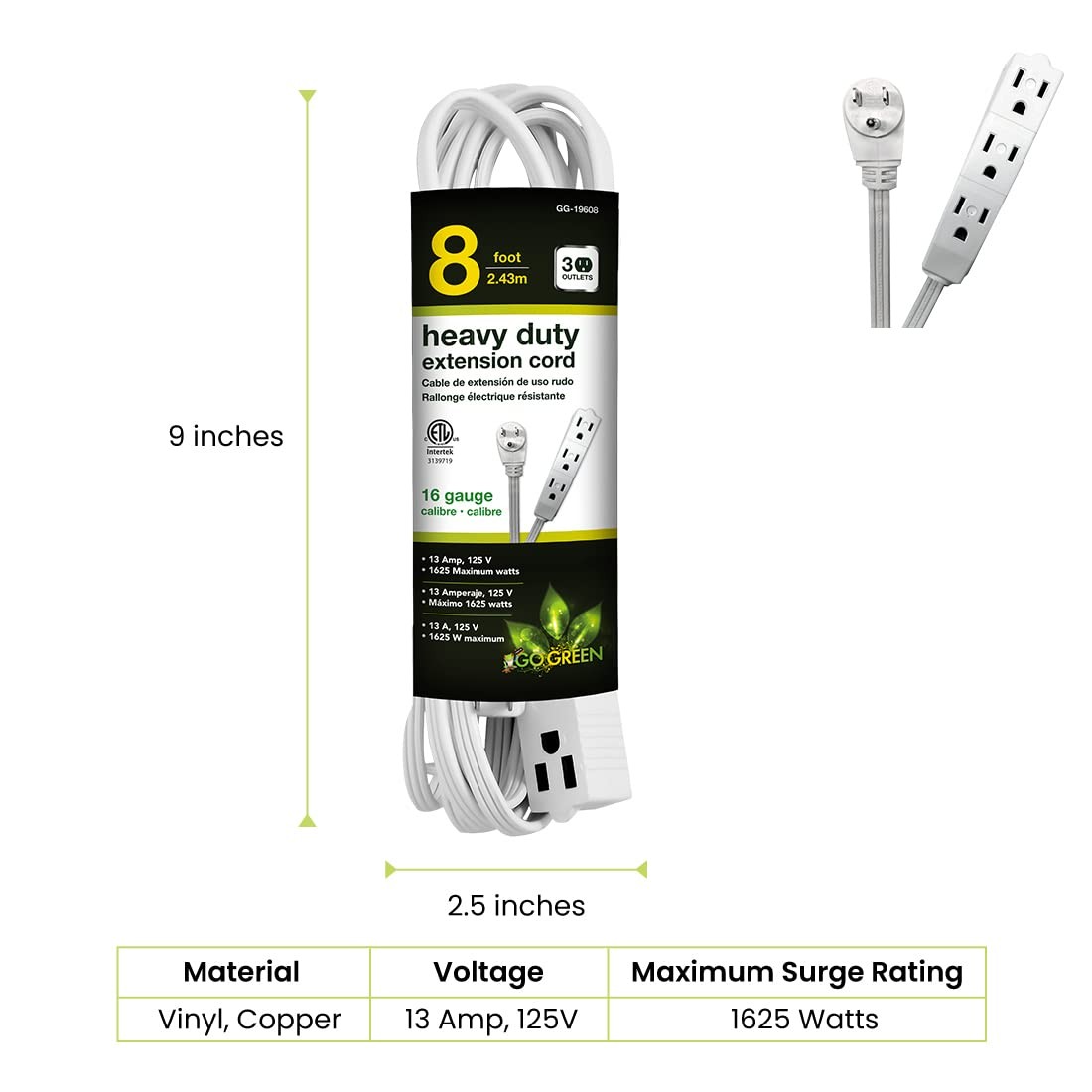 GoGreen Power GG19608 16/3 8 3 Outlet Extension Cord White 8 Ft Cord