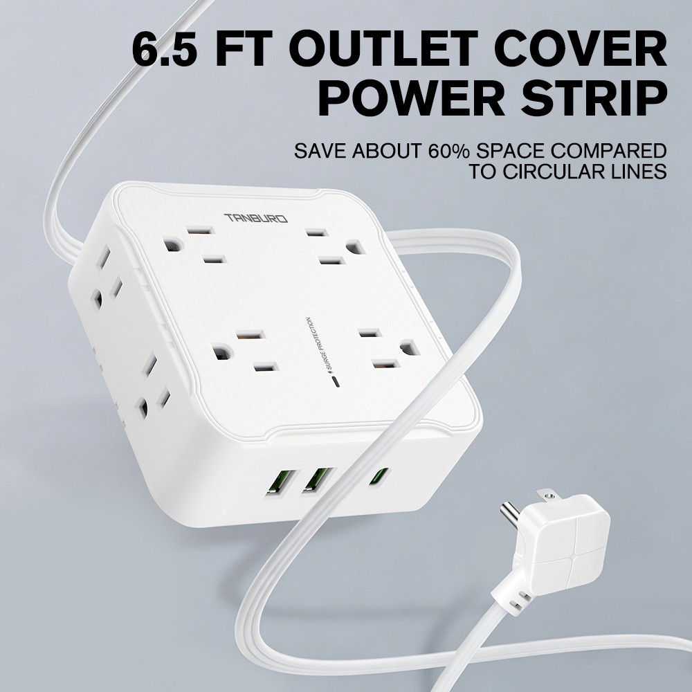 US Power Strip Surge Protector 8 AC Outlets 2 USB + 2 Type C Ports 6.5 FT Cable