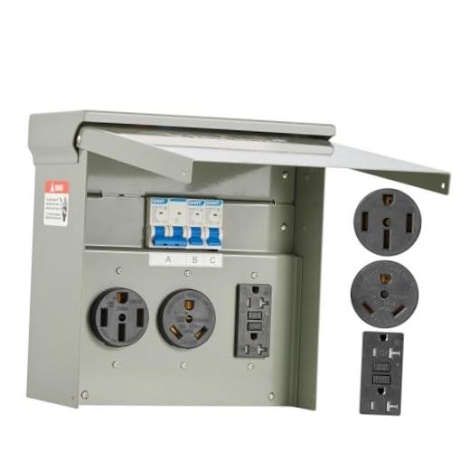 Temporary Power Outlet Panel, Weatherproof RV Electrical Breaker 50+30+20 Amp