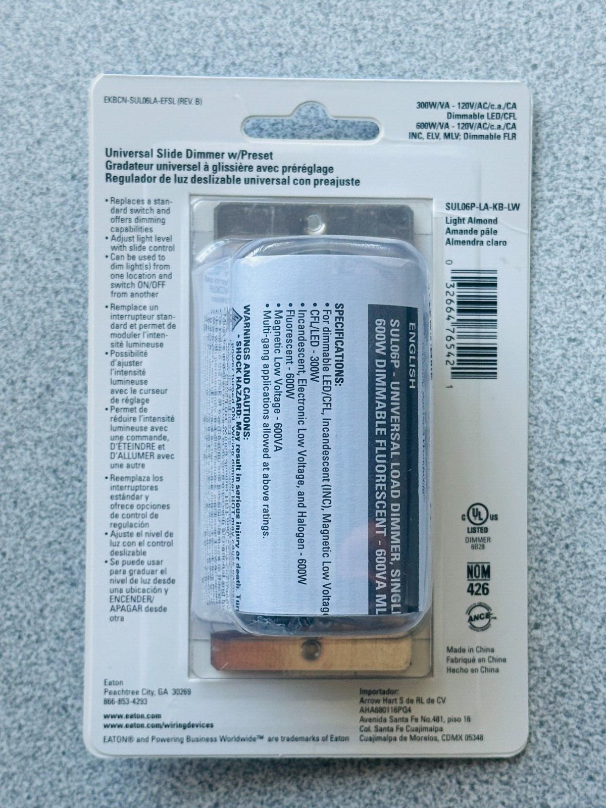 NEW Eaton SUL06P-LA Slide Dimmer, LED, Fluorescent, Incandescent, 1 Pole, 3 Way
