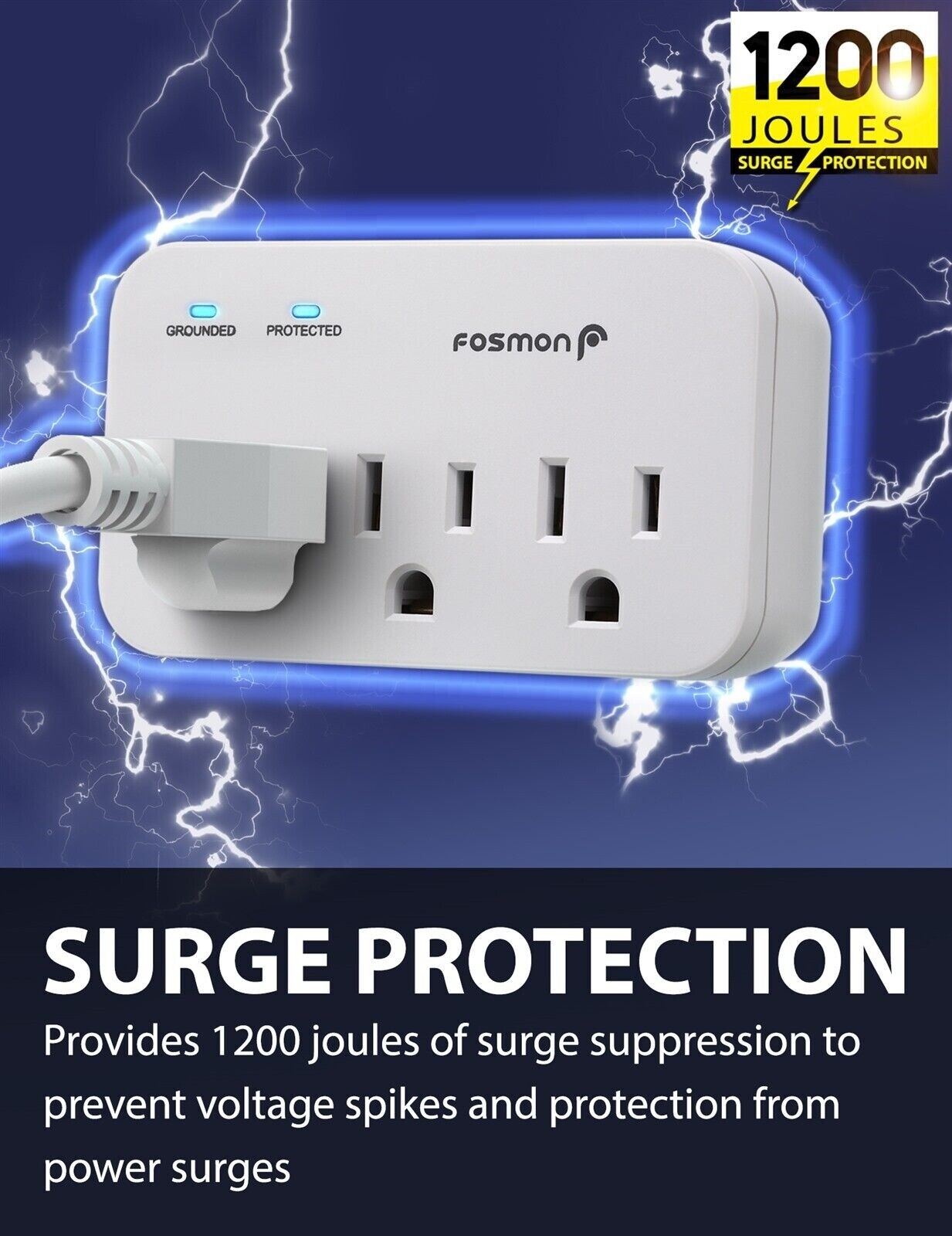 Fosmon 3 Outlet Surge Protector Multi Plug Wall Adapter Tap 1200J [ETL Listed]