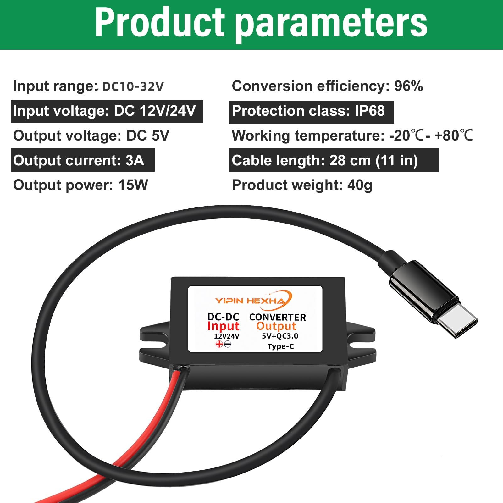 Quick Charge QC3.0 USB C Converter DC 12V/24V to 5V 3A 3A-Type-C, Black