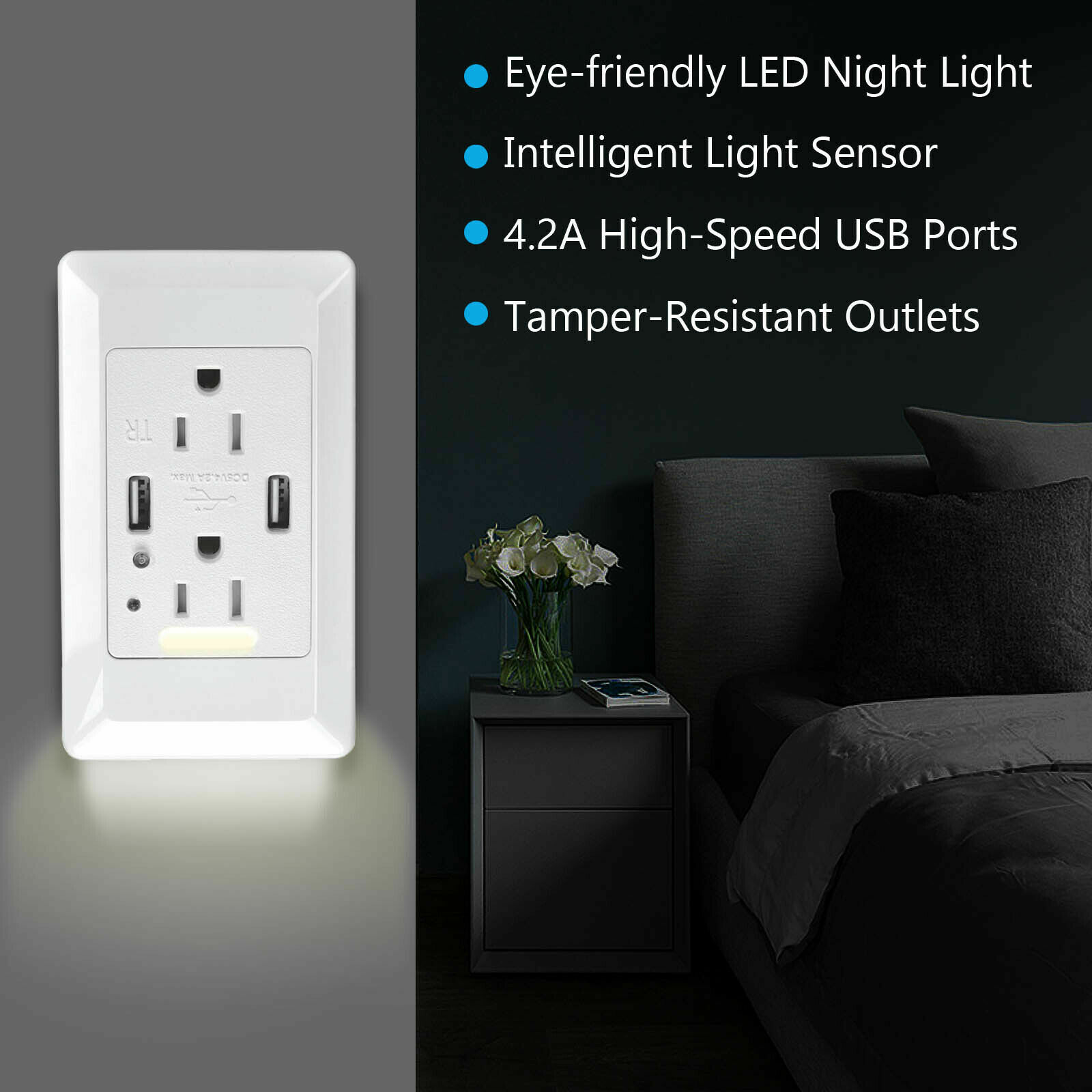4 Pack Wall Power Outlet with LED Night Light 15Amp TR Duplex Receptacles White