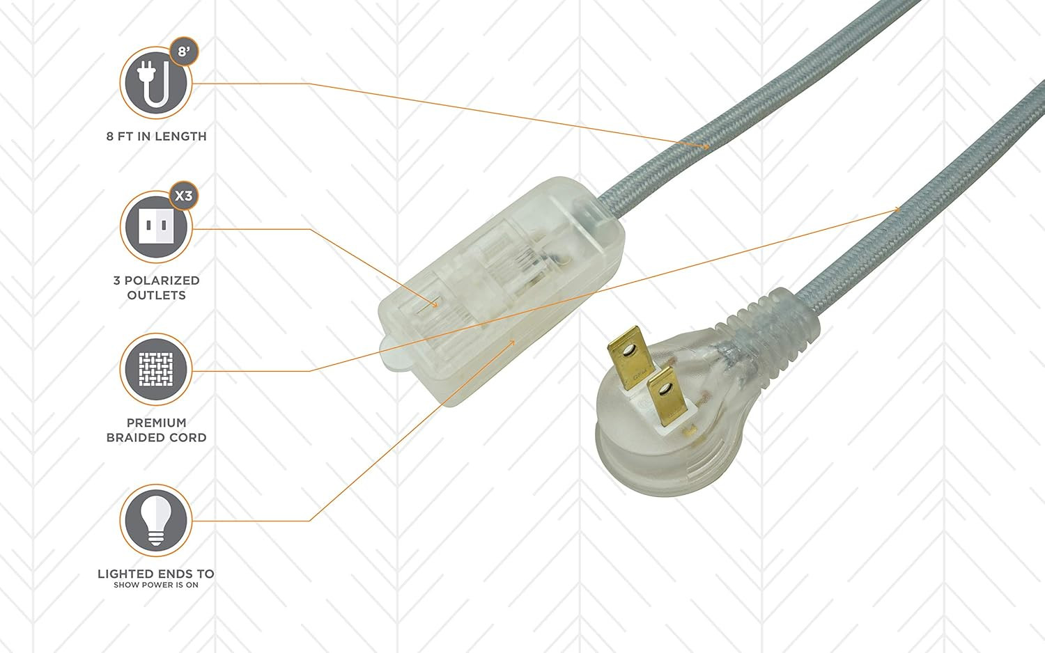 Fabric Braided Extension Cord 8ft 3 Outlet Right Angle Plug Gray