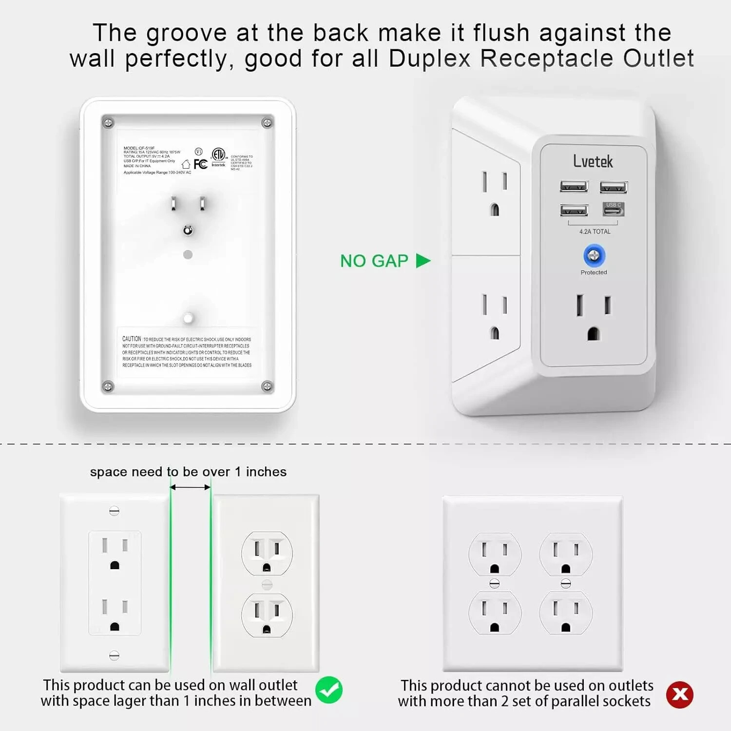 5 Outlet Extender Multi Plug Wall Outlets with 4 USB Charging Ports (1 USB C Out