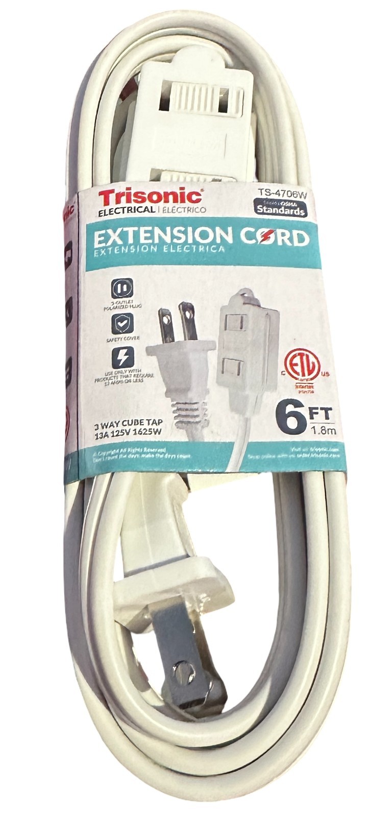 Extension Cord 6,12,20 or 25 FOOT 13 Amp 3 Way Cube Tap White