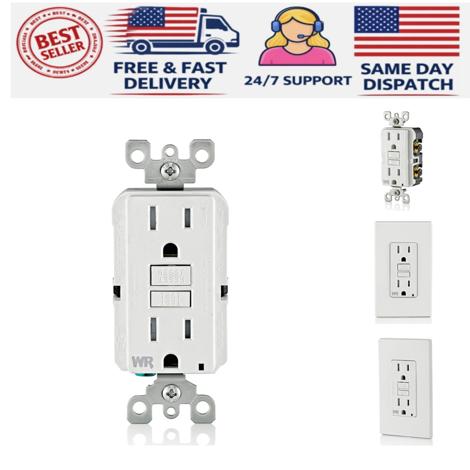 15 Amp Outdoor GFCI Outlet – Weather-Resistant, Self-Testing with LED Indicator