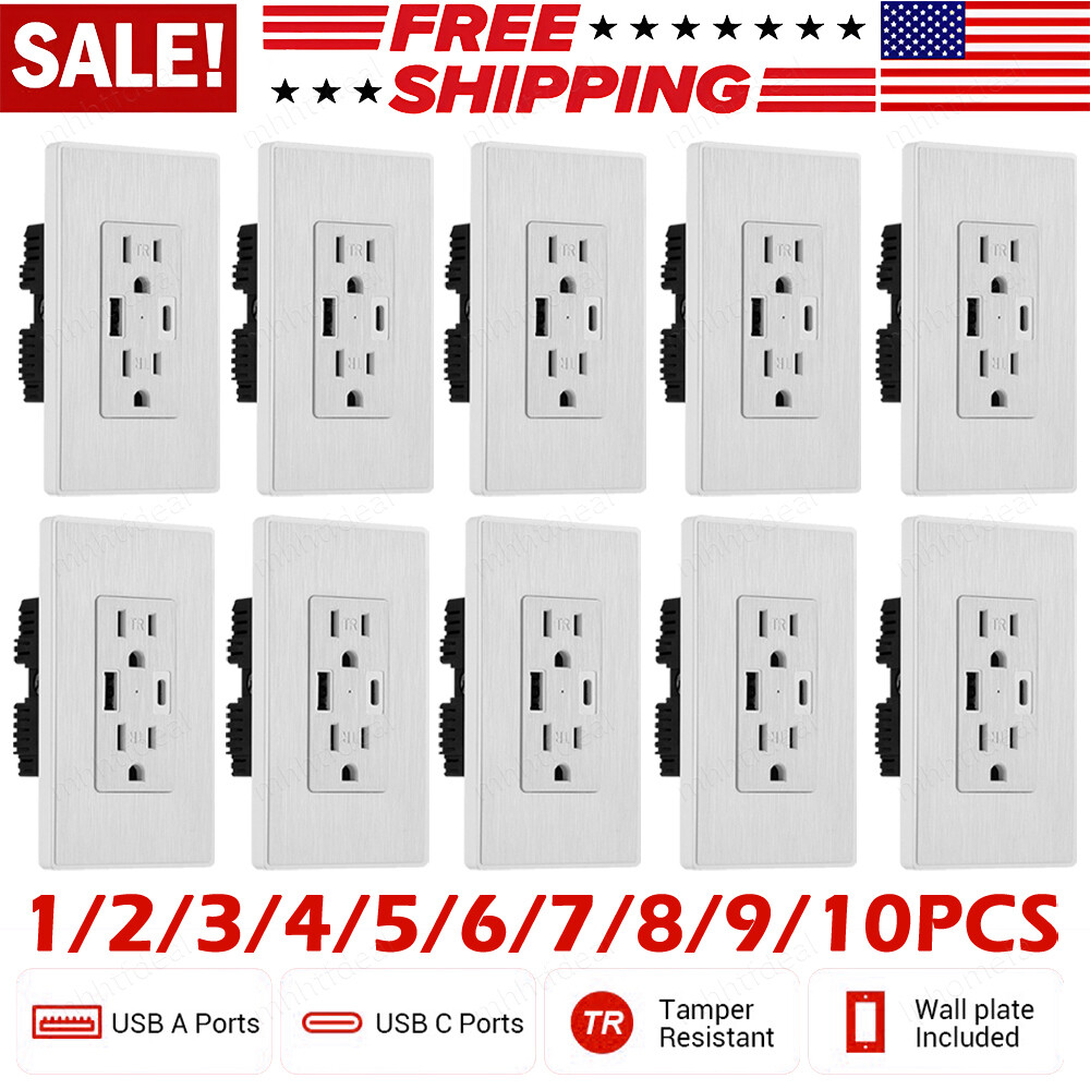 Electrical AC Power Outlet Panel Wall Socket Receptacle USB-C USB-A Port LOT
