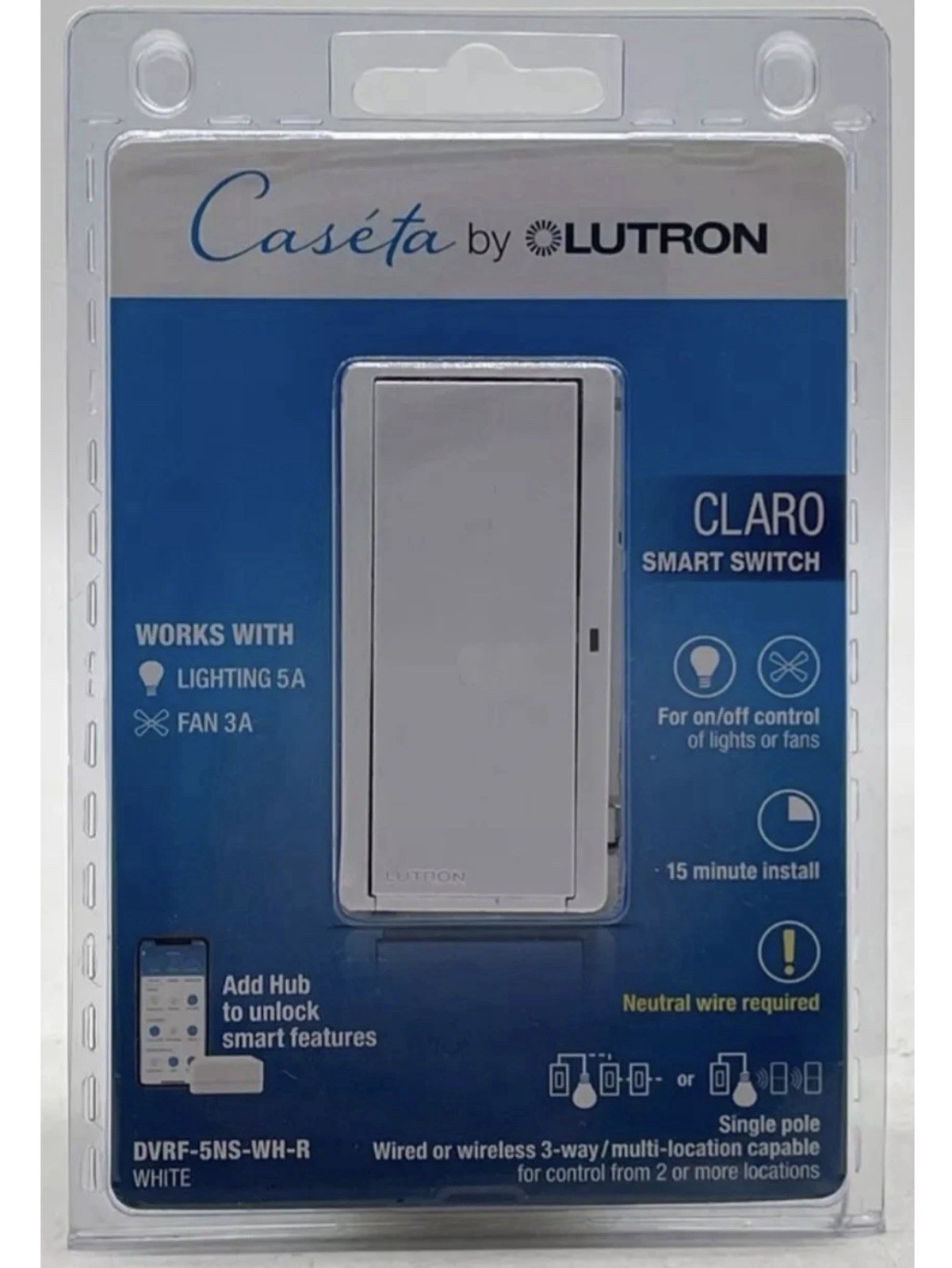 🆕 Lutron CLARO Smart Switch for Caseta, Lighting 5A/ Fan 3A (DVRF-5NS-WH-R) 🆕