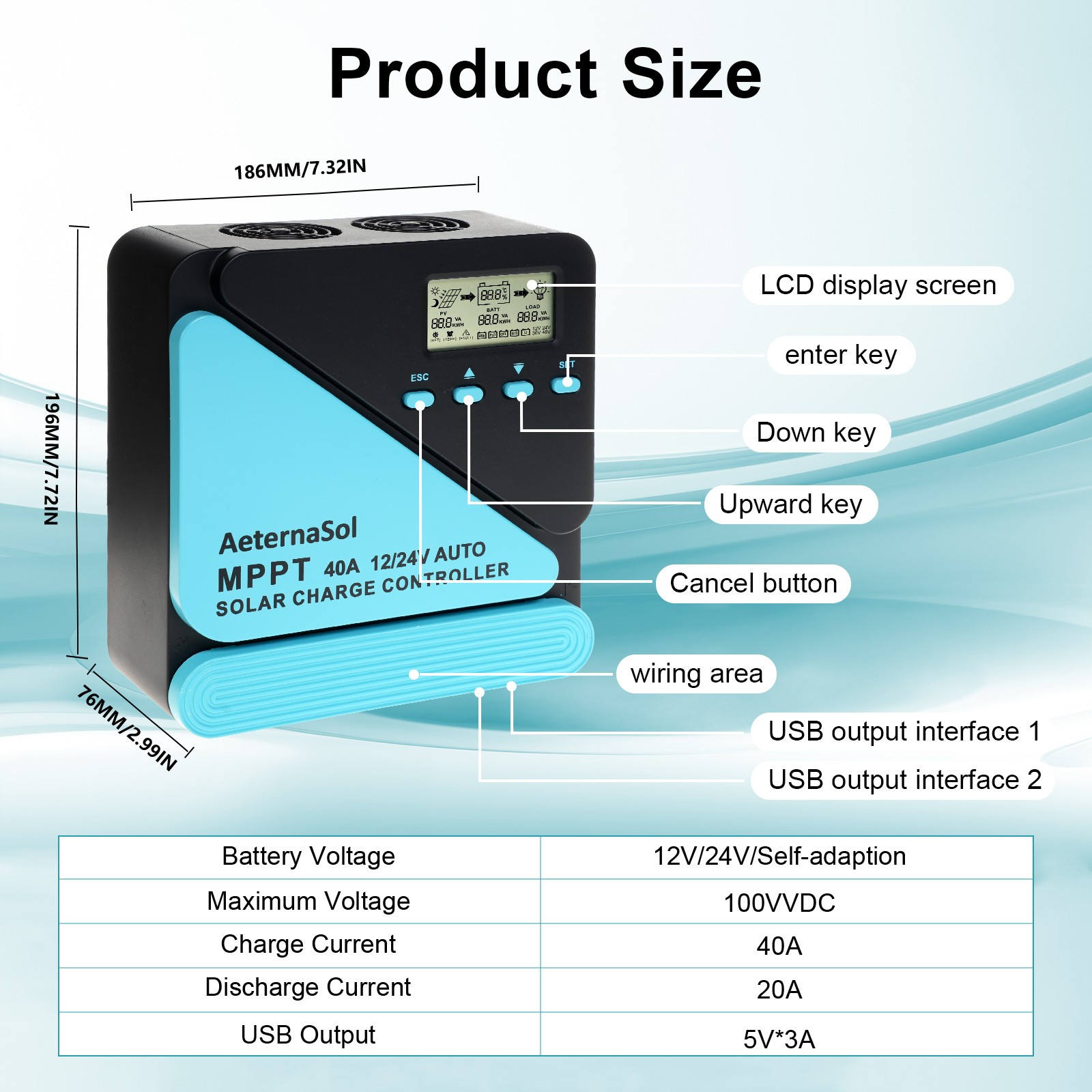 40A Solar Charge Controller 12V/24V Auto MPPT with USB(5V3A) Display Regulator