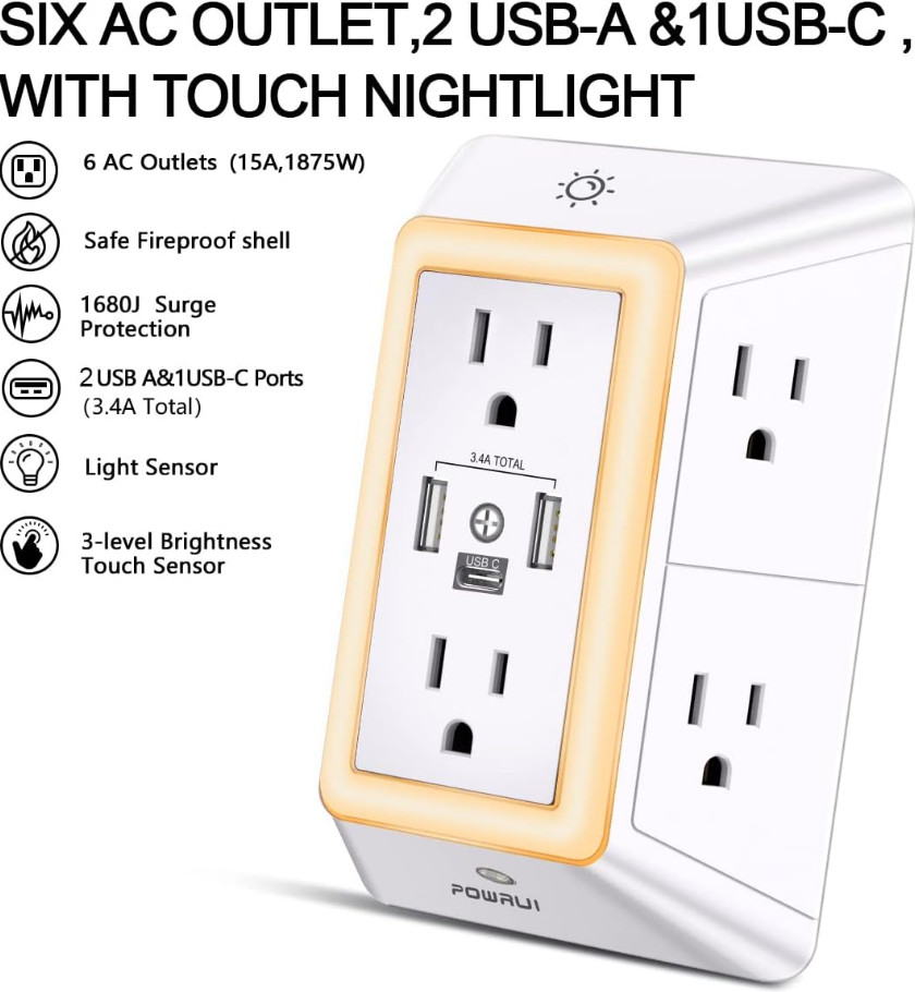 Multi Plug Outlet Surge Protector – POWRUI 6 Outlet Extender with 3 USB Ports…