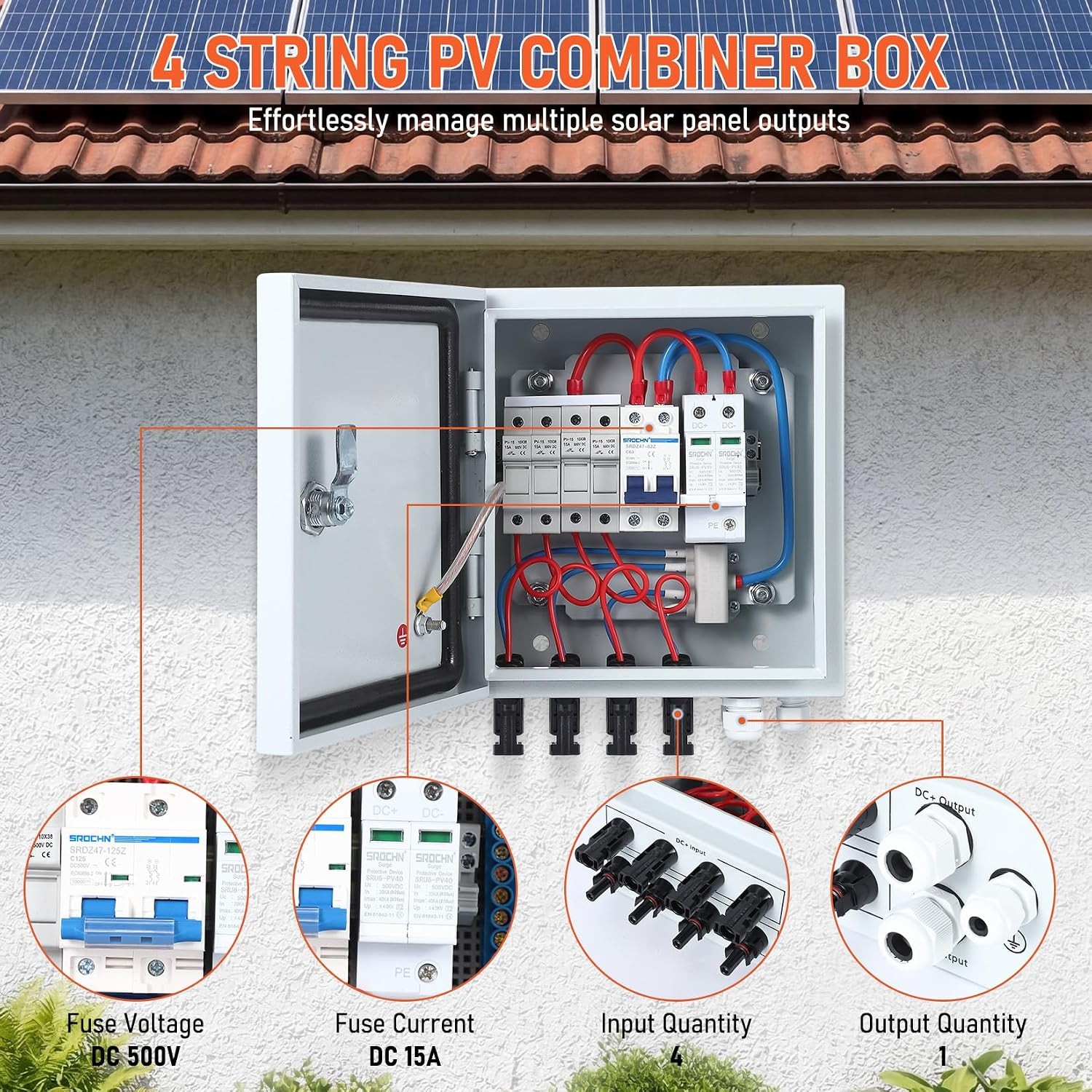 4 String PV Combiner Box DC Circuit Breaker 500V 15A Fuse 4 in 1 Solar panel