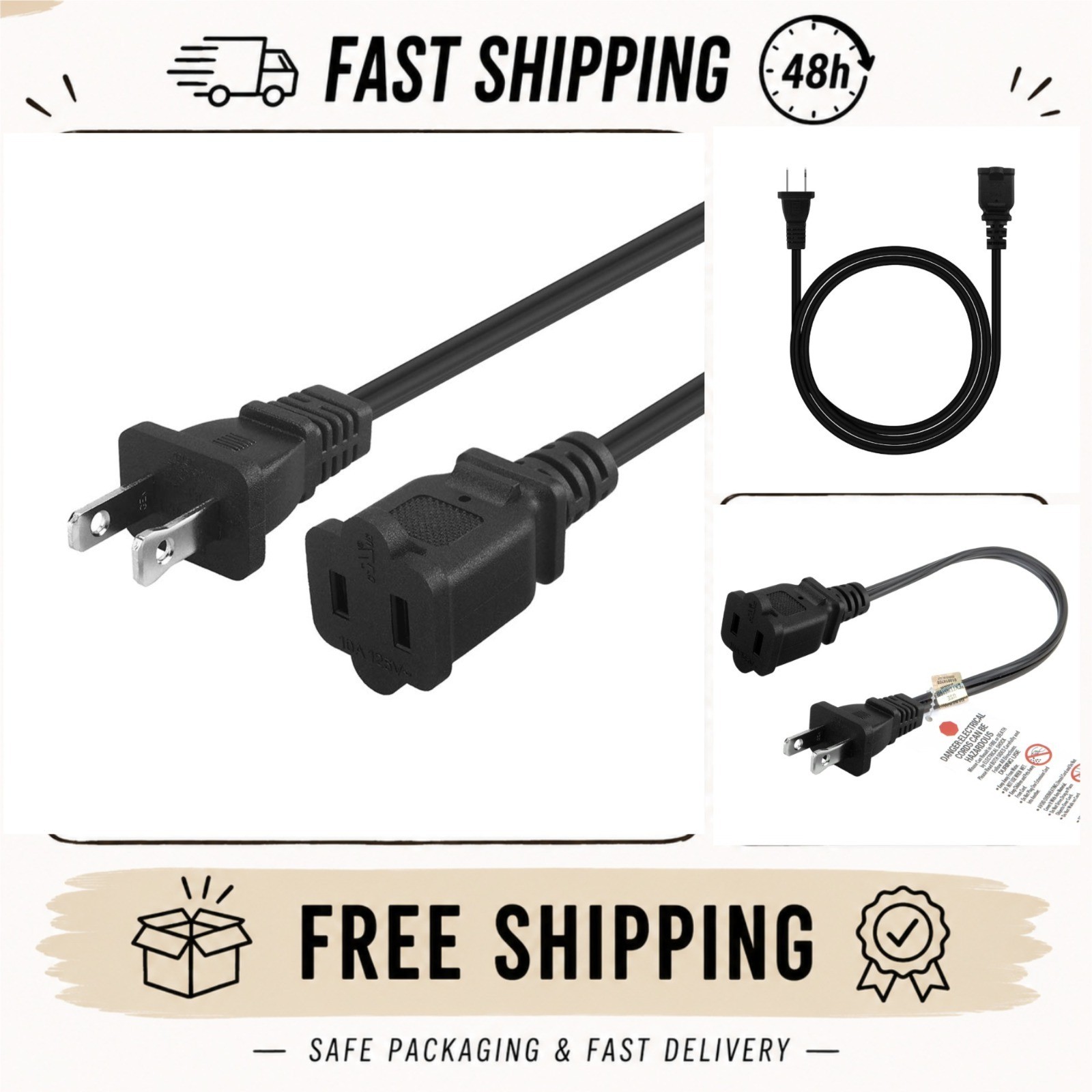 6FT Plugrand Polarized 2-Prong Extension Power Cord with 2 Outlets