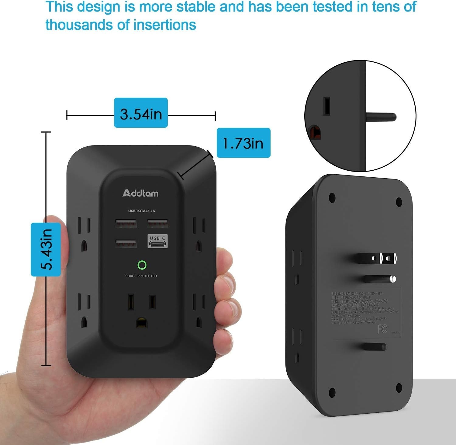 Multi-Plug Extender: 5 AC Outlets, 4 USB Charging Ports & USB-C – Safety First