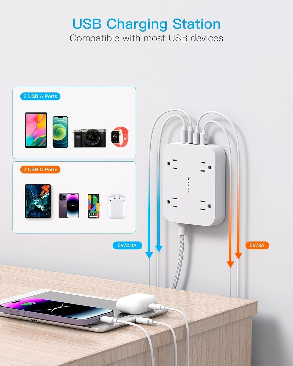 5ft Power Cord with Straight Plug 4 USB Ports (2 USB C) Desktop Charging Station