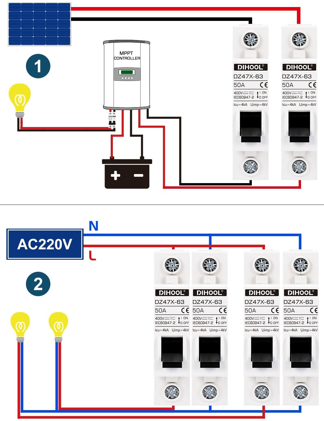 Dihool Ac/Dc Miniature Circuit Breakers 2 Pack Single Pole 50 Amp 12V 24V 48V