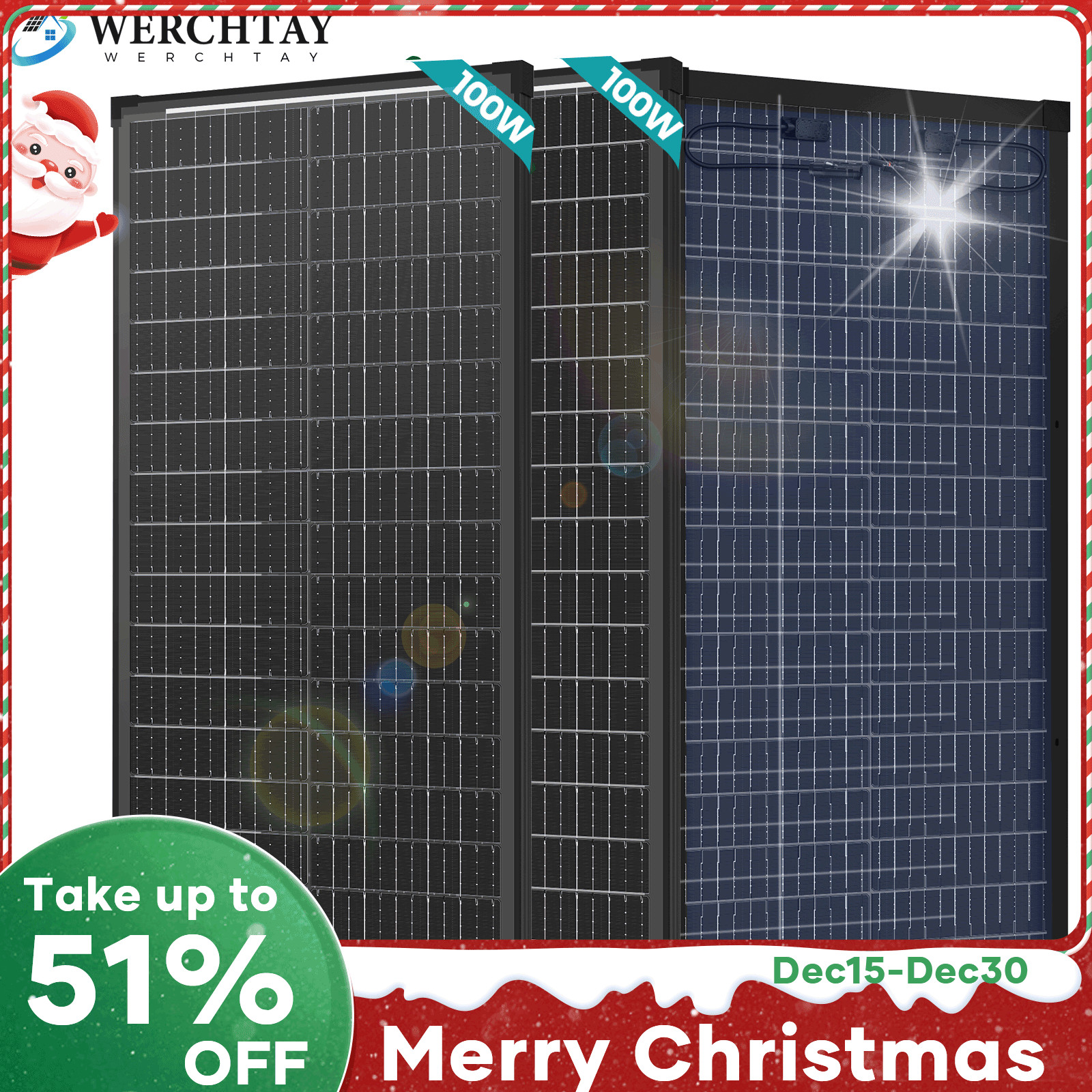 Werchtay 100Watt Bifacial 2Pack Solar Panel 12V Mono Home PV Power Off-Grid Boat