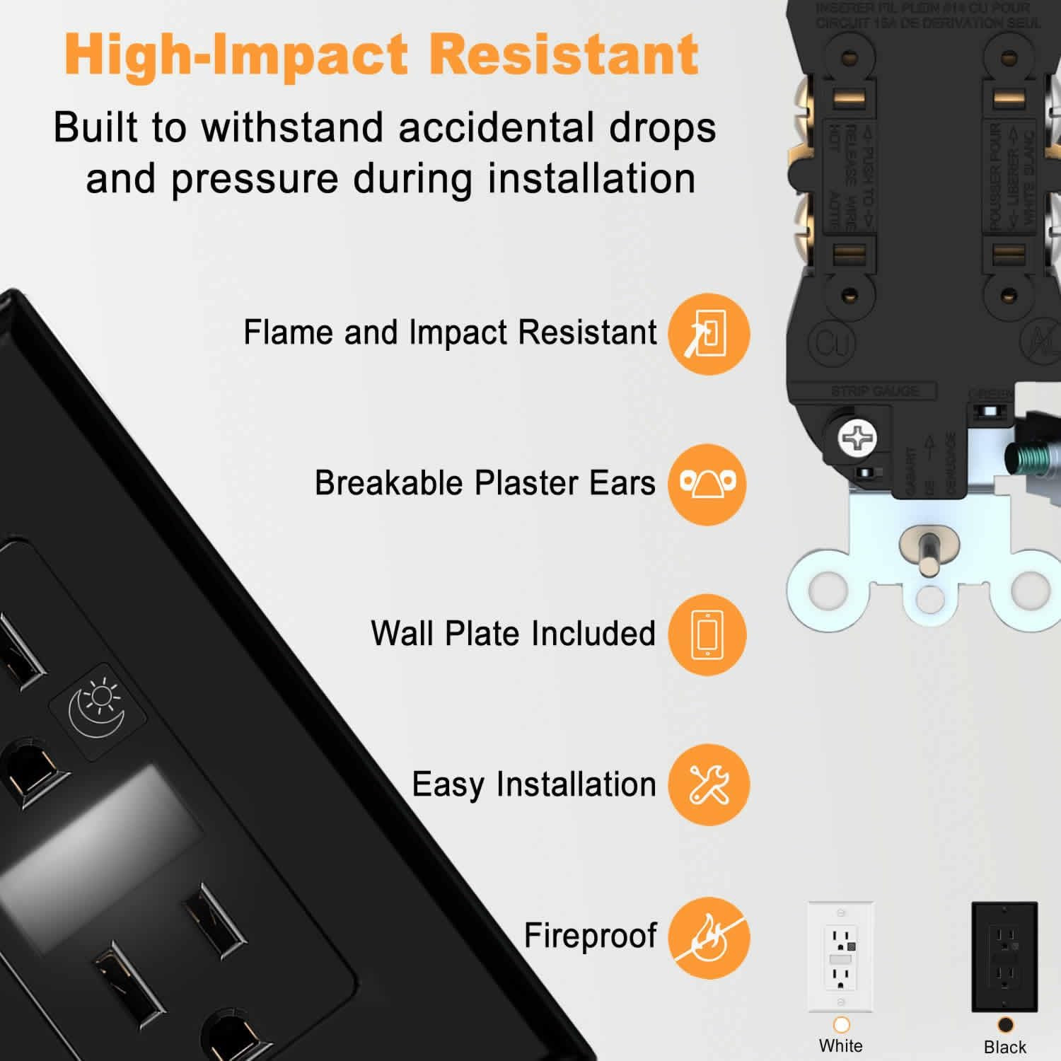 Black Wall Outlet Receptacle with Night Light,Electrical Receptacle Outlets,15A