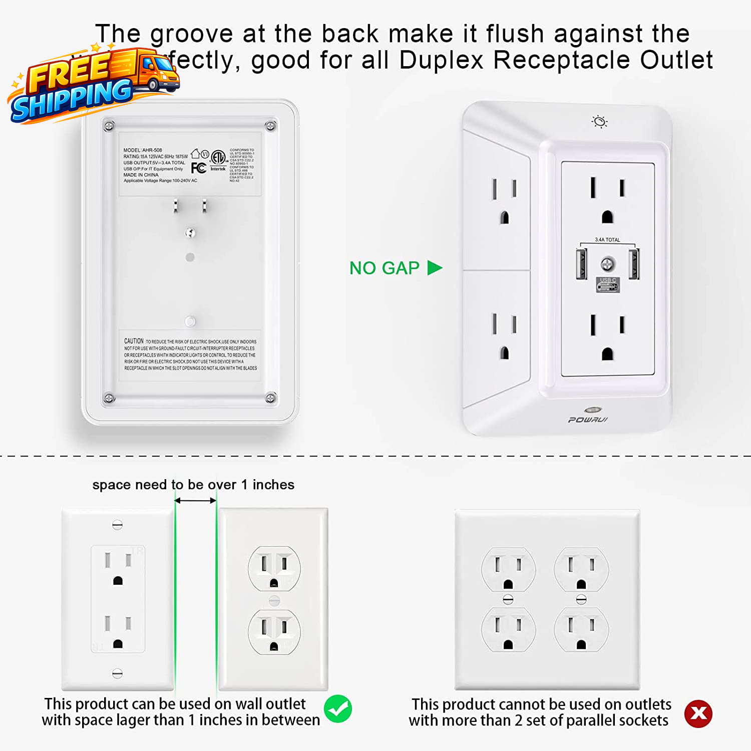 Multi Plug 6 Outlet Surge Protector Extender with 3 USB Ports 1 USB C and Night