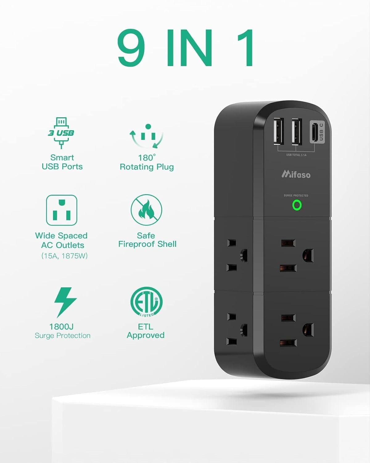 Compact 9 in 1 USB Power Strip with Rotating Plug – Ideal for Home & Travel