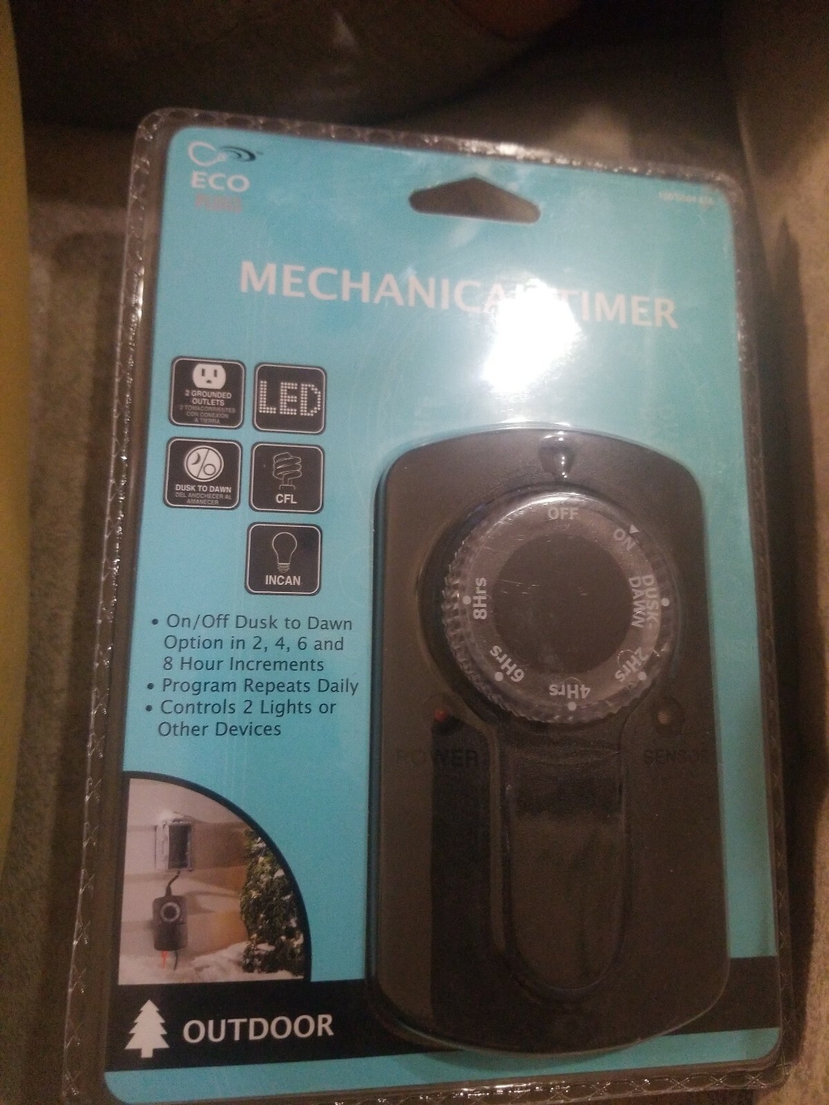 ECO Plugs Mechanical Timer OUTDOOR 1001 804 616 / 2 4 6 8 hr Dusk/Dawn 2 outlet
